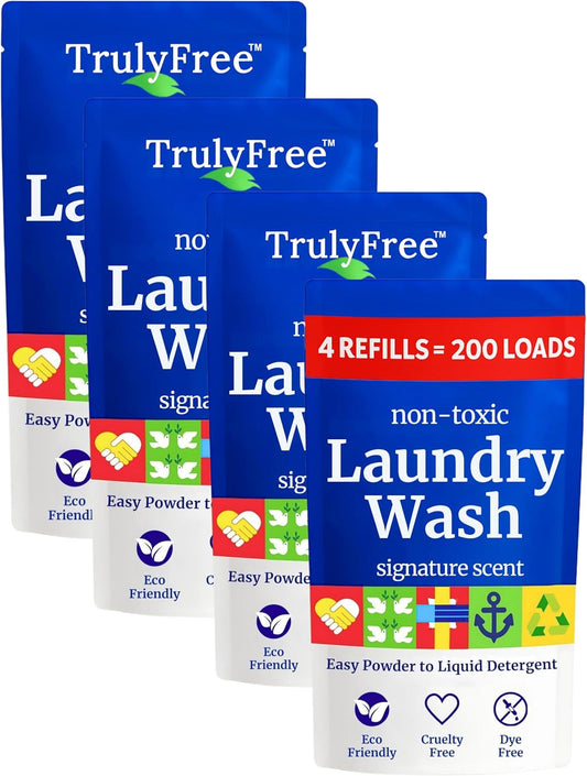 Truly Free Natural Laundry Detergent for Sensitive Skin | Eco Friendly, Plant Based, Baby Clothes Safe | Clean & Easy Powder to Liquid, 4 Pack Refill Detergent, NO Jug | Signature Scent, 200 Loads