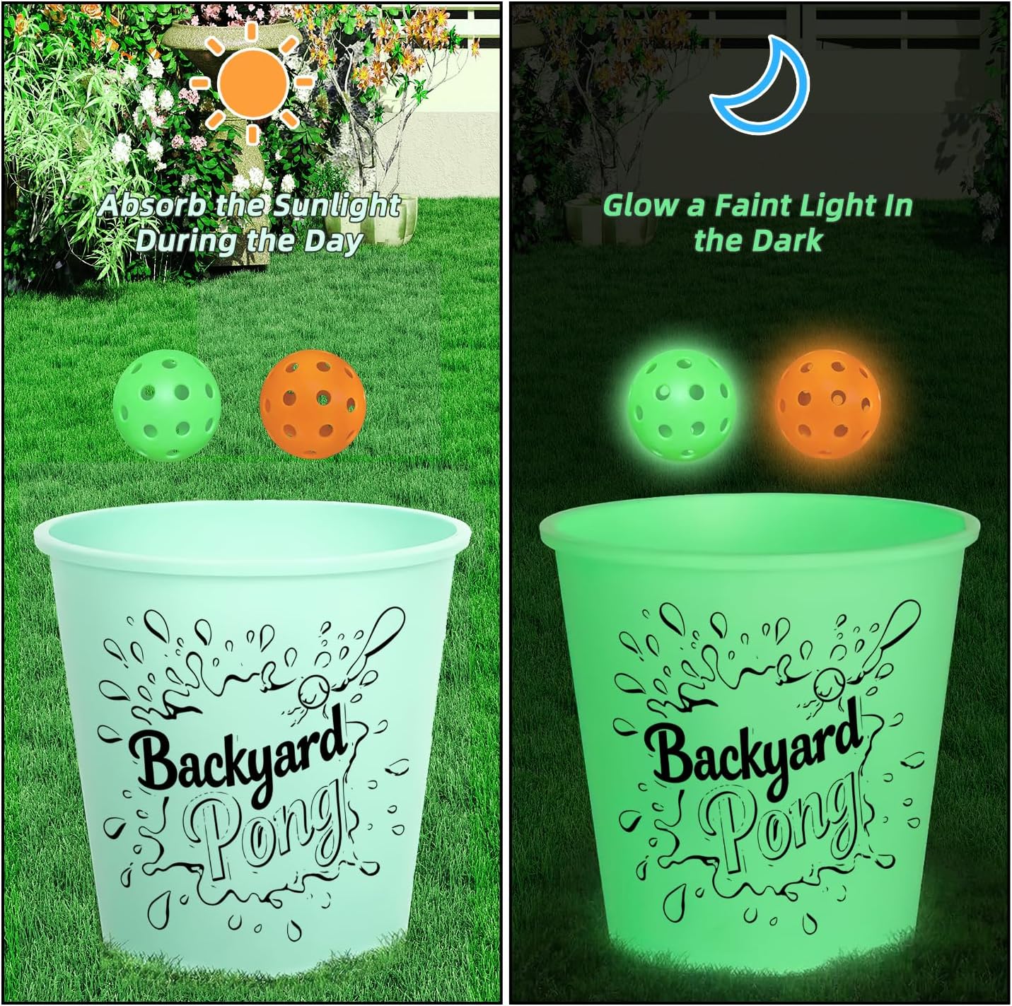 Mostop Yard Pong Outdoor Games Glow in Dark, Giant Yard Game Set with 12 Buckets, 6 Balls and Carrying Bag, Toss Throwing Game for Kids Adults Lawn, Beach, Camping, Tailgating or Backyard Activities