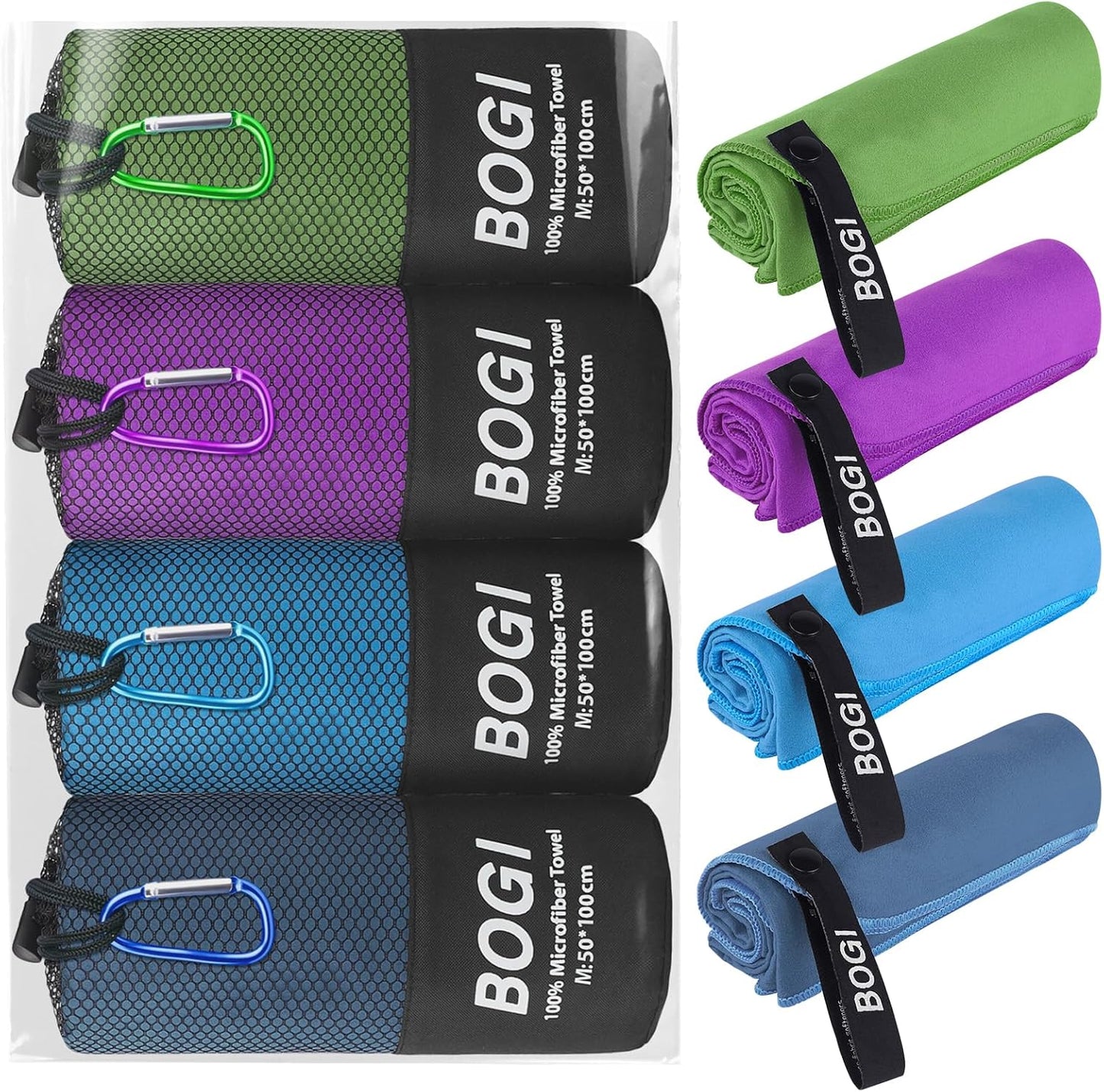 BOGI 4 Pack Microfiber Travel Sports Towel-Quick Dry Towel, Soft Lightweight Microfiber Camping Towel Absorbent Compact Travel Towel for Camping Gym Beach Bath Yoga Swimming Backpacking-4 pcs Medium