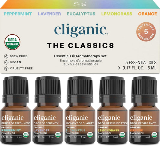 Cliganic Organic Essential Oils Set (Top 5 - The Classics) - 100% Pure Natural - Aromatherapy, Candle Making - Peppermint, Lavender, Eucalyptus, Lemongrass & Orange