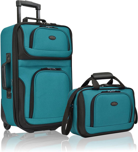 U.S. Traveler, Rio Rugged Fabric Expandable Upright Rolling Carry-on Luggage Set w/Tote Bag, Teal, 2-Piece (21/14)