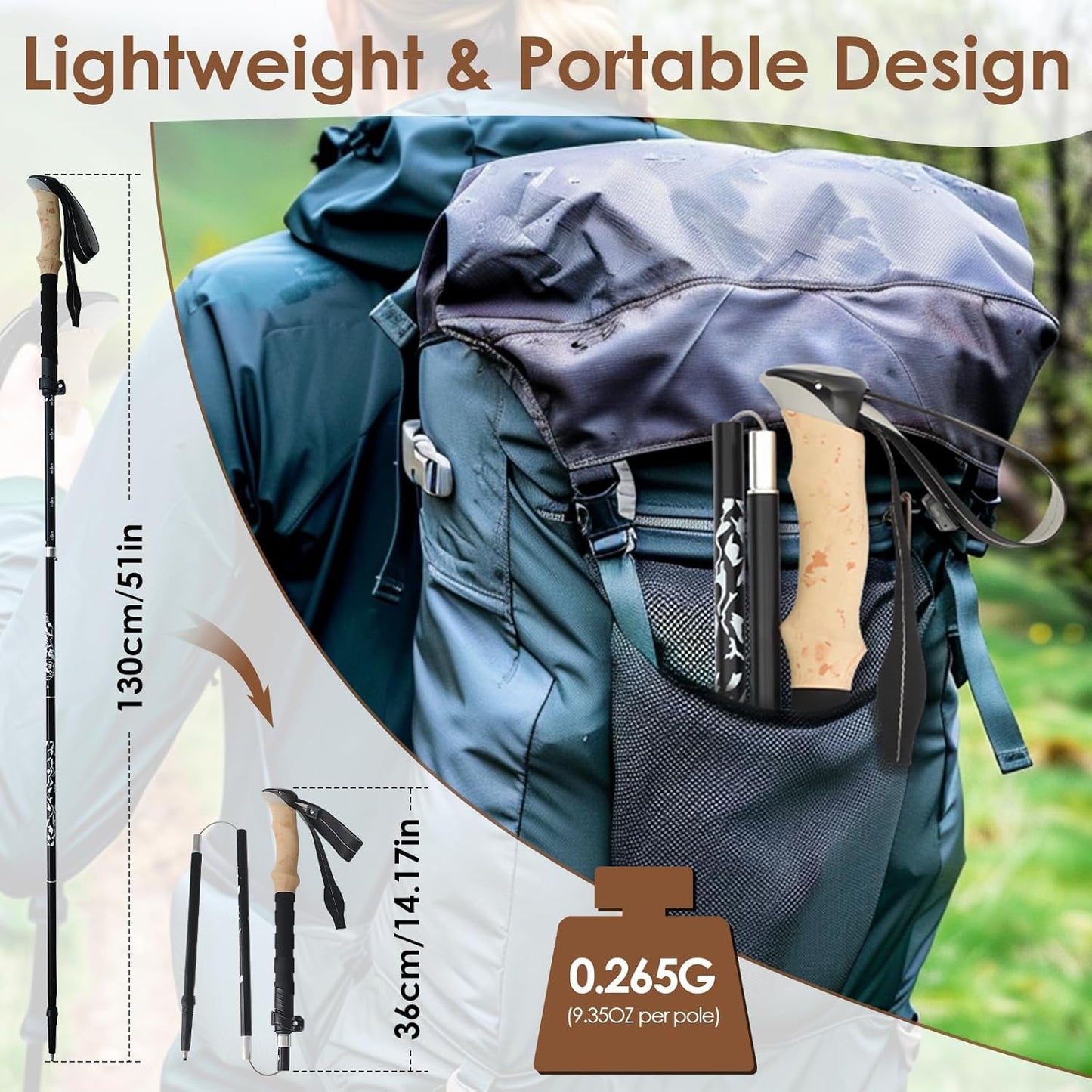 Hiking Poles Collapsible Trekking Poles, Lightweight Folding Walking Stick for Travel with EVA Handle, Walking Stick for Women Men, Adjustable Height, Set of 2