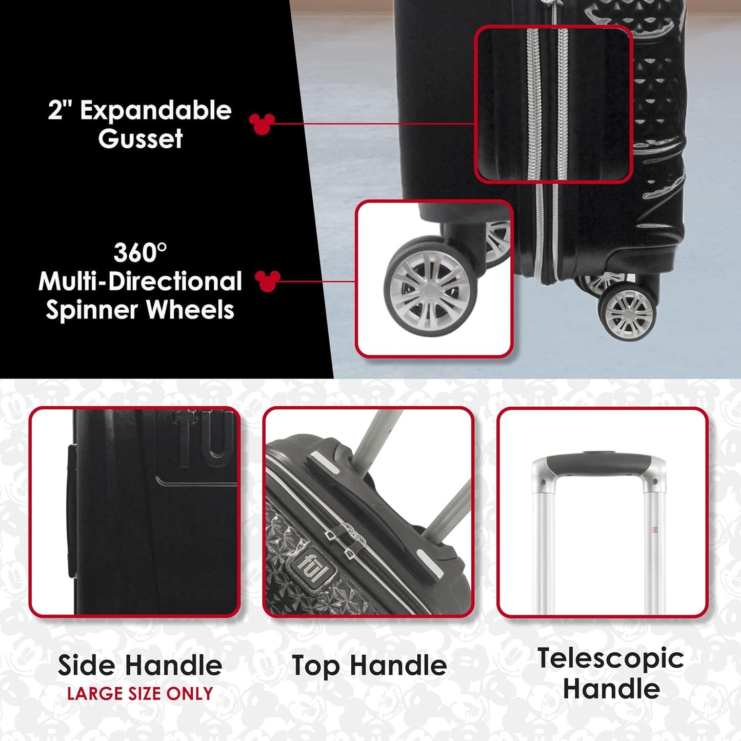 FUL Disney 3 Piece Rolling Luggage Set, Hardshell Suitcases with Spinner Wheels, Mickey Mouse-Black