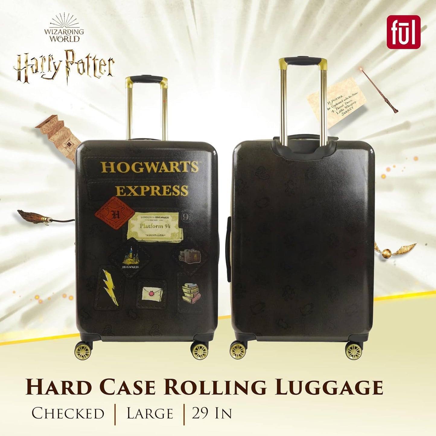 FUL Harry Potter 29 Inch Rolling Luggage, Hogwarts Express Hardshell Suitcase with Spinner Wheels, Black