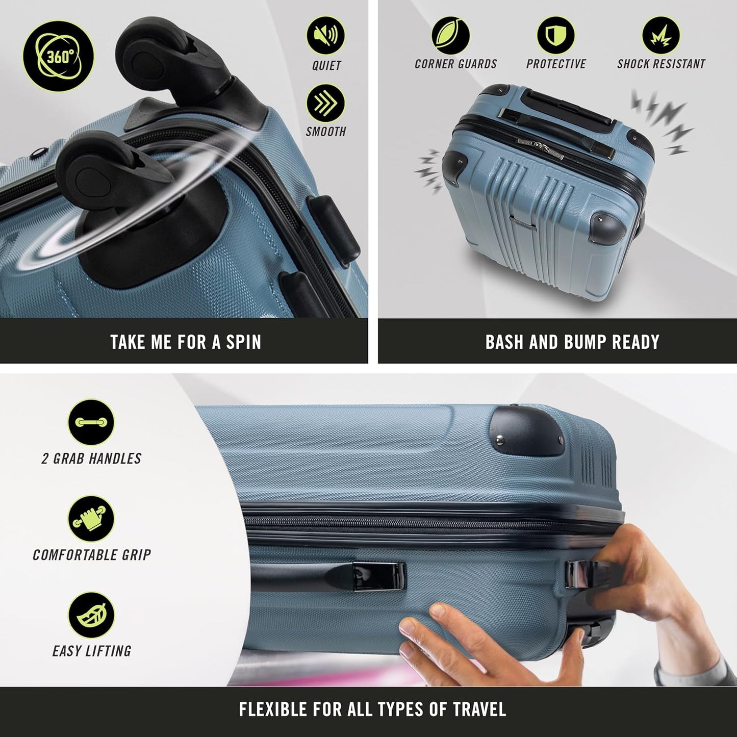 Kenneth Cole REACTION Out of Bounds Lightweight Hardshell 4-Wheel Spinner Luggage, Granite Blue, 2-Piece Set (20" & 28")