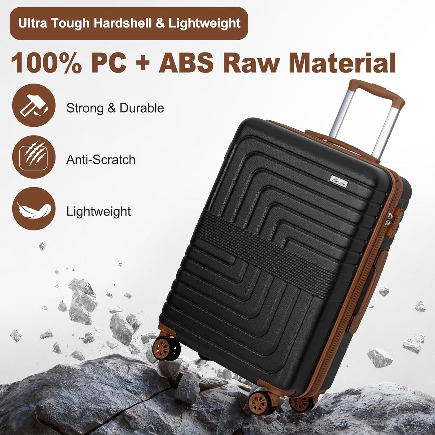 Romswi Expandable 24" Checked Luggage,Medium Hardshell Suitcase with Double Spinner Wheels for 20% More Space, Airline Approved Lightweight Hardside Luggage, Scratch-Resistant & YKK Zipper,Black