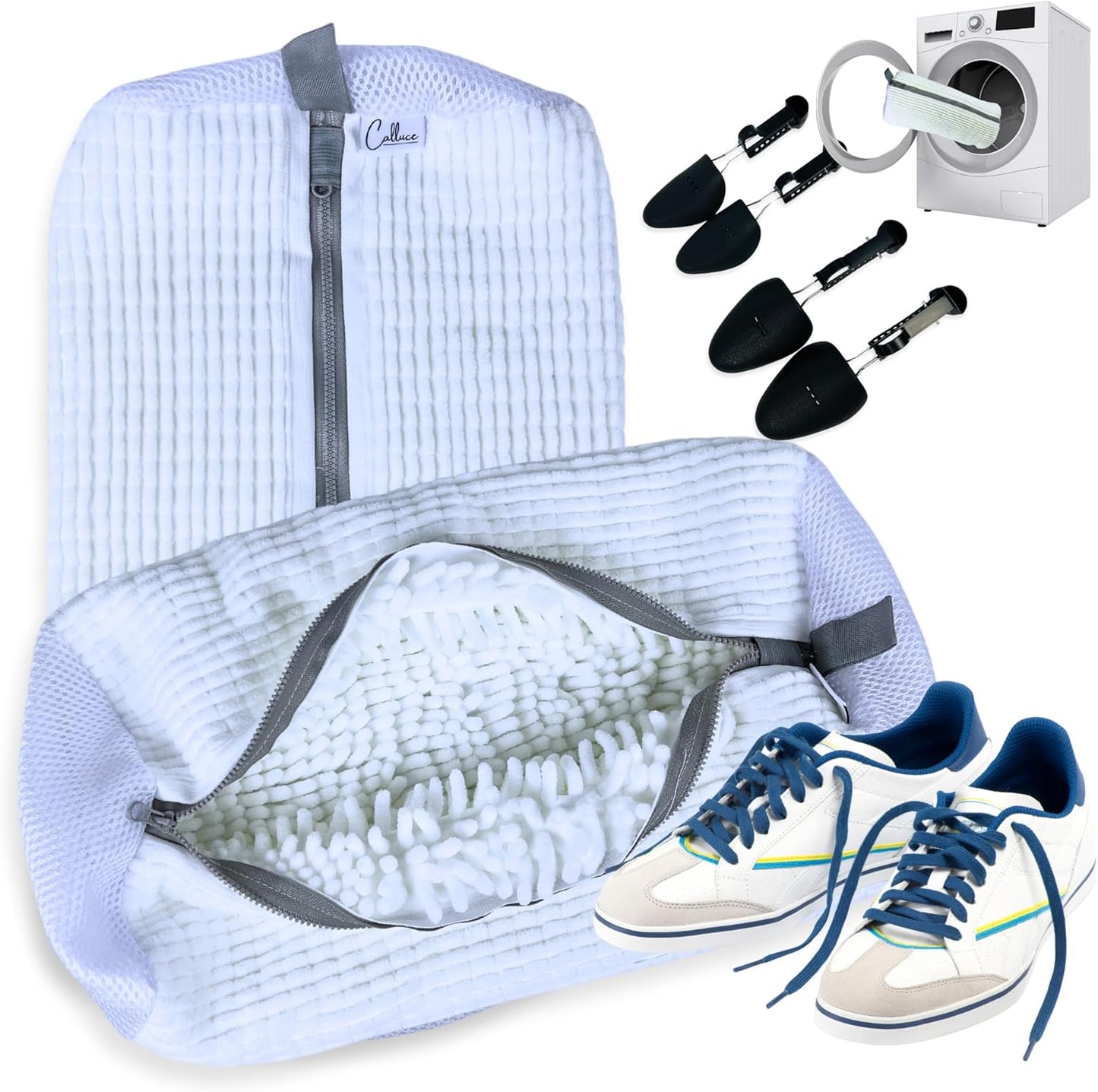 Shoe washing machine bag (2 Pcs, white color) + 2 pairs adjustable shoe tree (help keep maintain shoe structure) | laundry bags | Premium quality material | Reusable | Large size