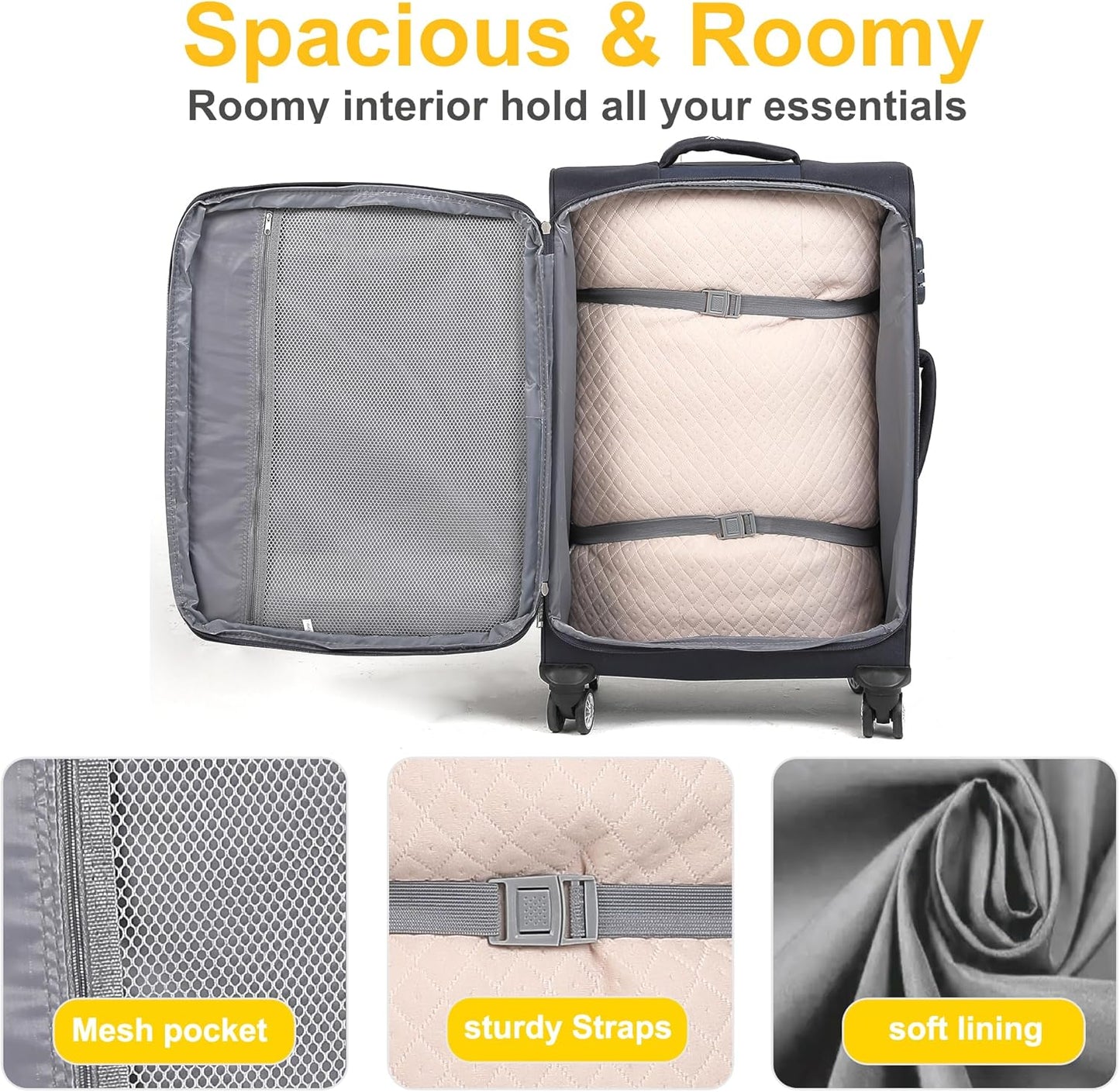 Softside Luggage Sets, Extra Large Expandable Suitcase Sets With Spinner Wheels and Combination Lock Red Luggage For Long Time Overseas Journey(Black) 22inch, 26inch, 30inch