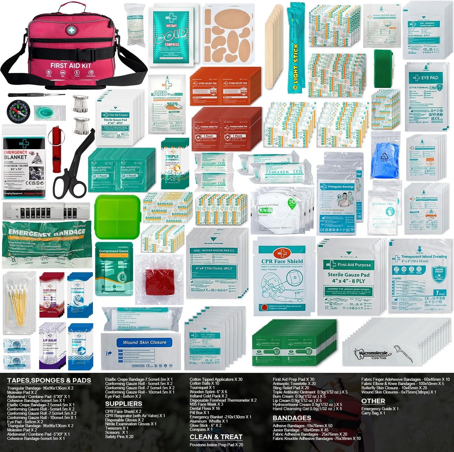 Professional 435 Pieces Large First Aid Kit - Includes Compressed Gauze - Compartments Emergency Medical Kit for Home, Camping, Backpacking, Travel, Boat, Car,Outdoors(Pink)