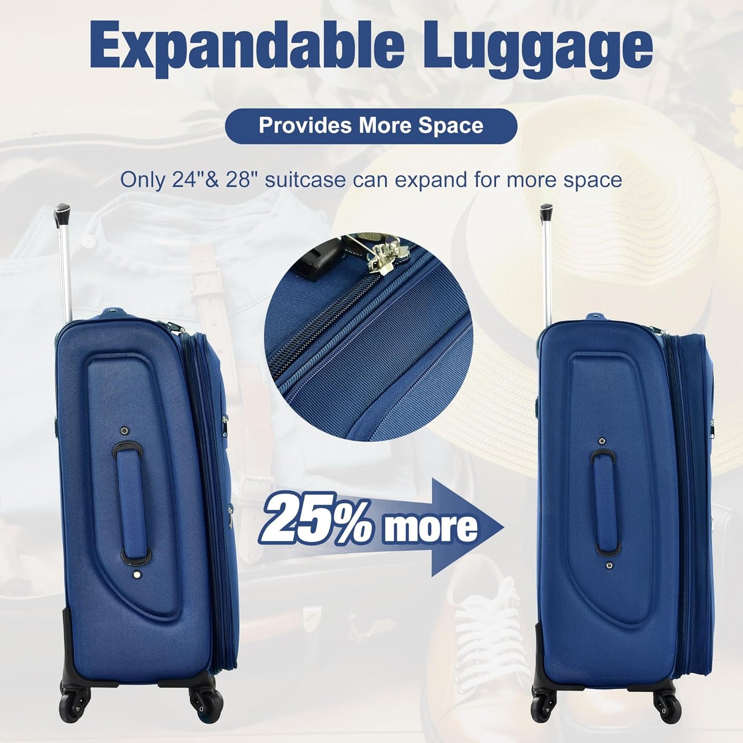 Merax Softside Luggage Set Softshell Lightweight 3 Piece Spinner Suitcase with Duffel Bag Expandable Upright Travel Luggage 22" 26" 30",Navy Blue