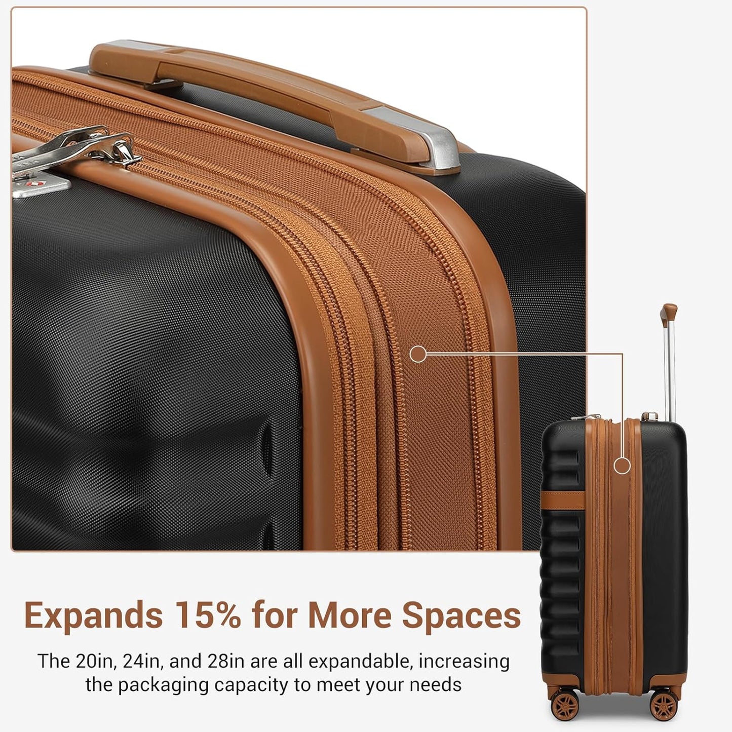 Kono Luggage Set 3 Pieces Expandable PC ABS Durable Suitcase Hardside with Double Spinner Wheels Tsa Lock Black Brown(20in/24in/28in)