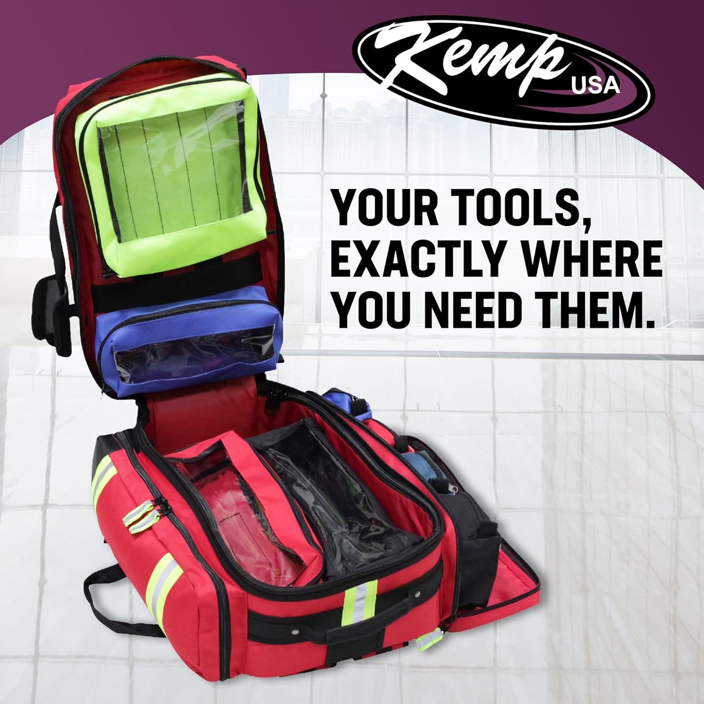 Kemp USA Ultimate EMS Backpack - EMT Bag | Emergency Backpack with a strap for D Oxygen Cylinder | Medical Backpack for Search and Rescue Tools | Large Medic Bag for EMT Kit | 8 Lbs.