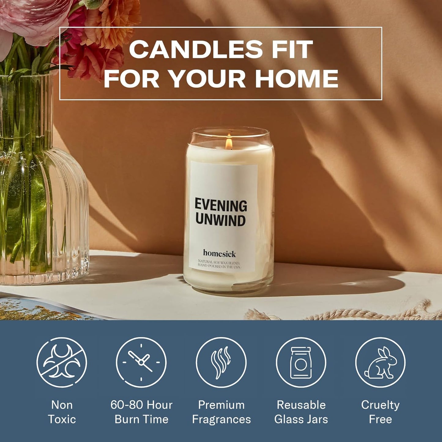 Homesick Scented Candles for Home (Evening Unwind) - 13.75 oz Long-Lasting Natural Soy Wax Blend Jar Candle Gifts for Women & Men, 60-80 Hours Burn Time - Notes of Valencia Orange, Melon & Moss