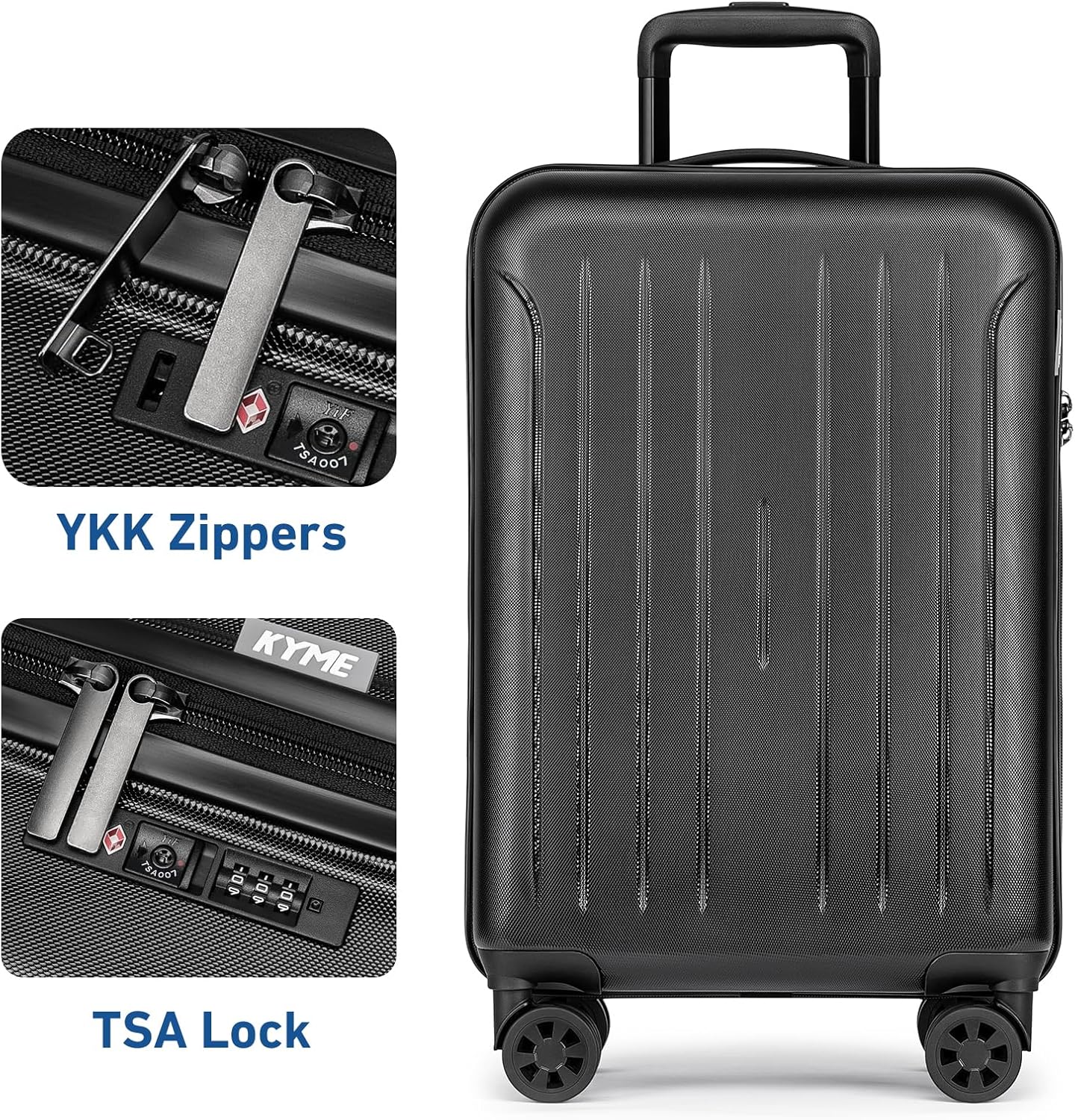 KYME Carry on luggage 22x14x9 Airline Approved Suitcase Hardshell With Double Spinner Wheels, PC+ABS TSA Lock Travel Luggage (Black, 20" Carry On)