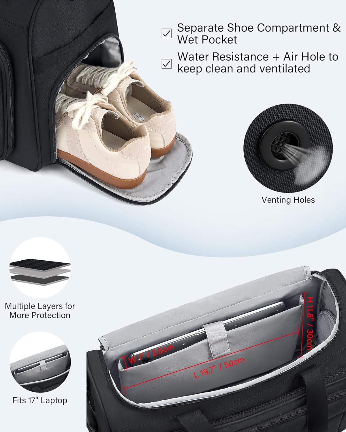 Carry on Duffel Bag Foldable Duffle Bags for Travel, Large Personal Item Bags for Airplanes, Weekender Overnight Mens Travel Tote Bag for Women Softside Carry on Luggage (Black)