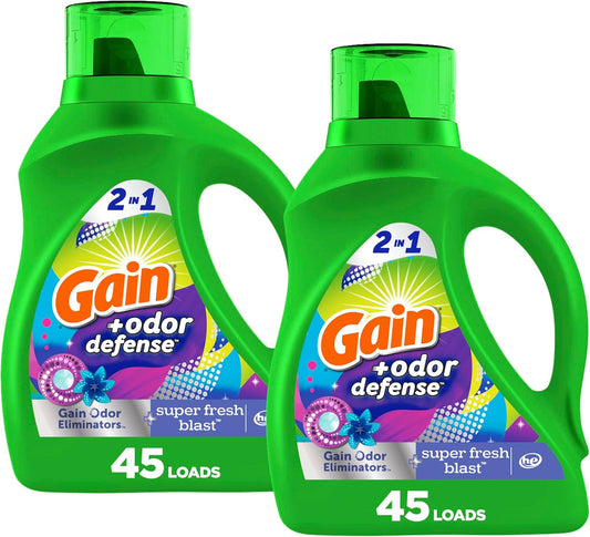 Gain Odor Defense Liquid Laundry Detergent, Super Fresh Blast Scent, 2 x 65 fl oz, 2 x 45 loads, total of 90 loads, 2 in 1, Laundry Detergent Liquid Soap, HE compatible
