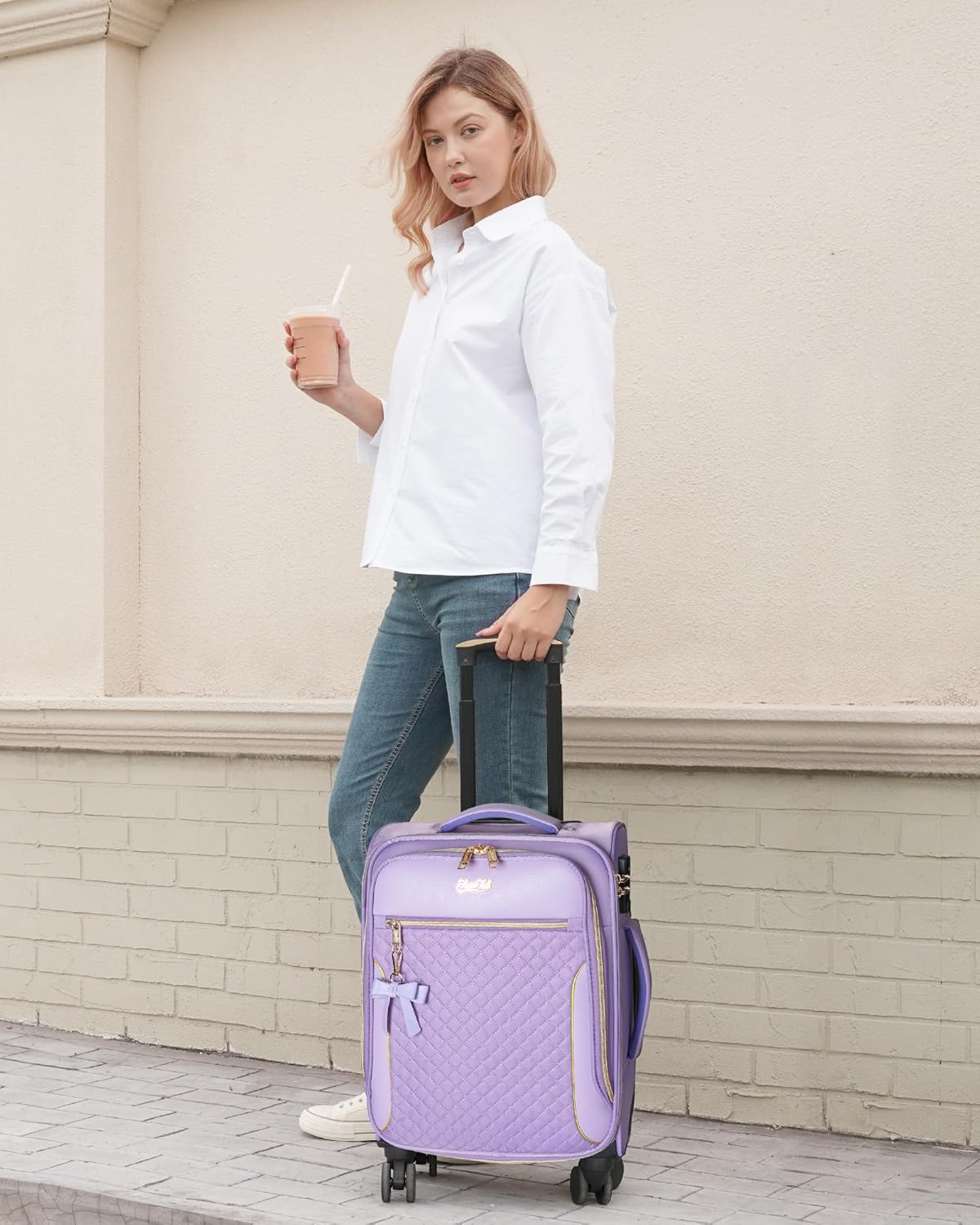 Carry On Luggage 22x14x9 Airline Approved, 20 Inch Softside Suitcase with 4 Pcs, Lightweight Luggage for Women with TSA Lock and 4 Spinner Wheels, Soft Side Carry-on Suitcases for Travel, Purple