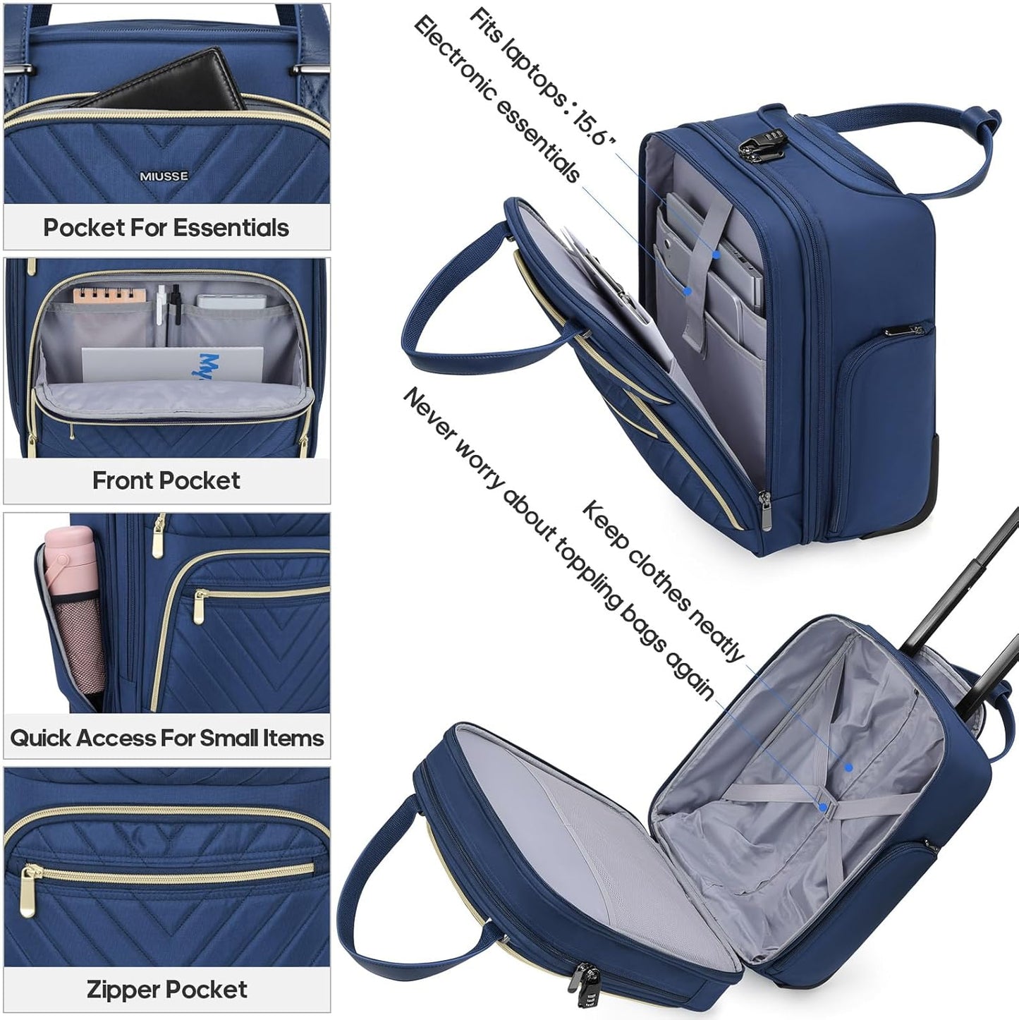 Carry-on Underseat 16-inch Luggage with Wheels, Softside Rolling Carry-on, Lightweight Travel Suitcase for Men Women, Personal Item Rolling Travel Bag