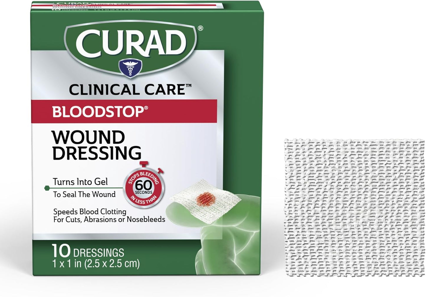 CURAD BloodStop® Wound Dressing | 1” x 1” | Hemostatic Gauze Helps Stop Bleeding Quickly | For Cuts, Abrasions or Nosebleeds | 10 Count