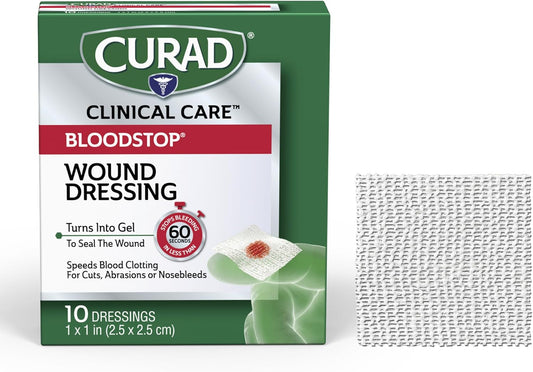 CURAD BloodStop® Wound Dressing | 1” x 1” | Hemostatic Gauze Helps Stop Bleeding Quickly | For Cuts, Abrasions or Nosebleeds | 10 Count