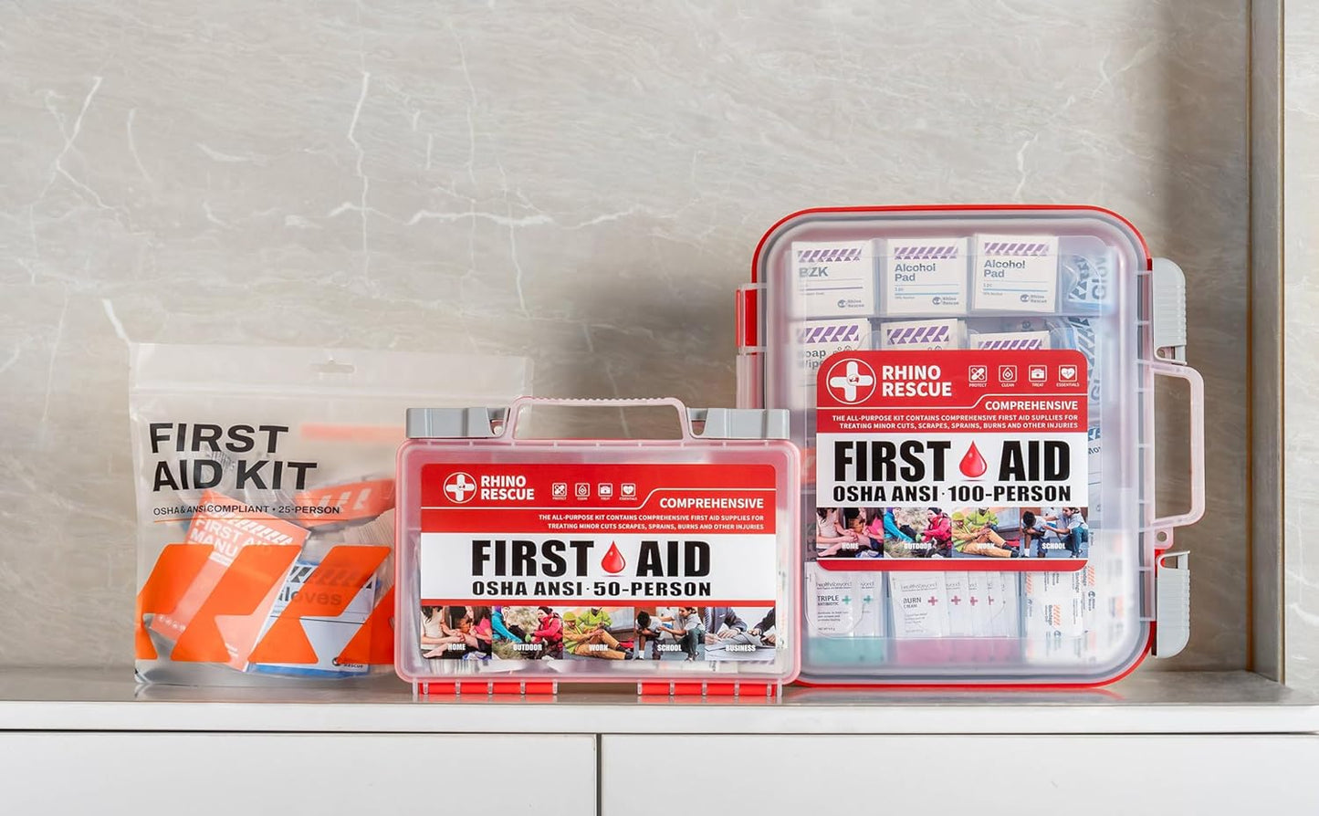RHINO RESCUE 220 Pieces First Aid Kit Refill Bag, Emergency Extra Replacement Supplies, Includes Medical Bandages, Gauzes & Pads for Home, School & Car