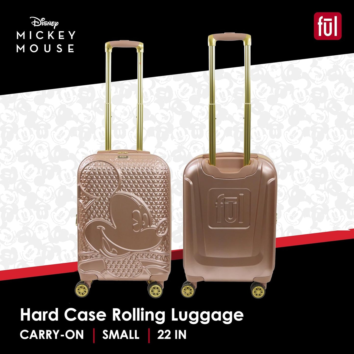 FUL Disney 22 Inch Carry On Luggage, Hardshell Rolling Suitcase with Spinner Wheels, Mickey Mouse-Rose Gold