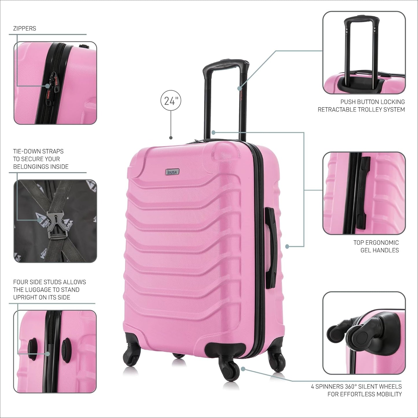 InUSA ENDURANCE Luggage with Spinner Wheels | Durable Lightweight Hardside Suitcase, Spacious Travel Bag with Handle and Trolley | 24-Inch Medium Checked Luggage | Pink