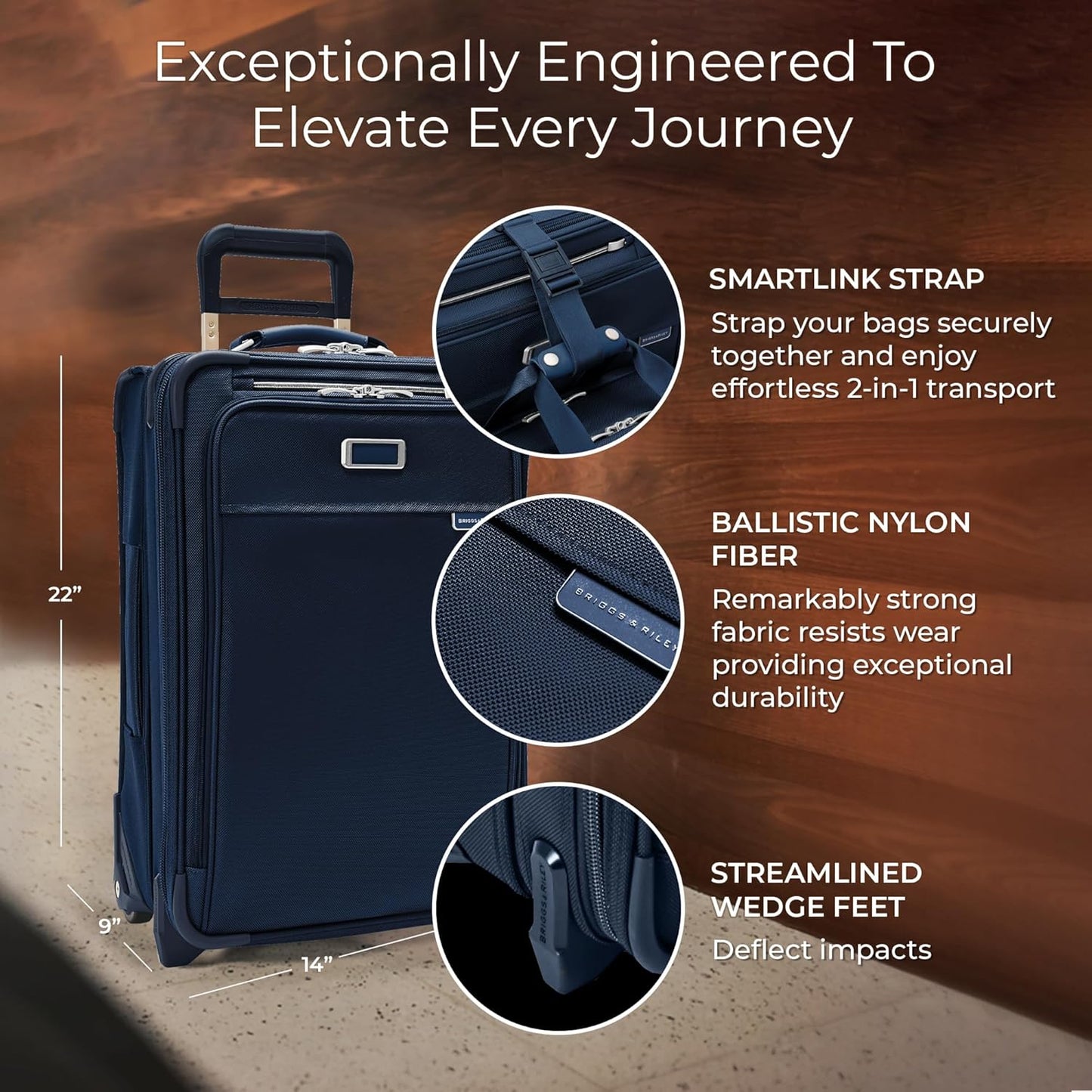 Briggs & Riley Essential 22" 2-Wheel Expandable Carry On - Luggage for Travel, Suitcases with Wheels, Softside Rolling Bag for Men & Women, Self-Repairing Zipper - Baseline Collection, Navy