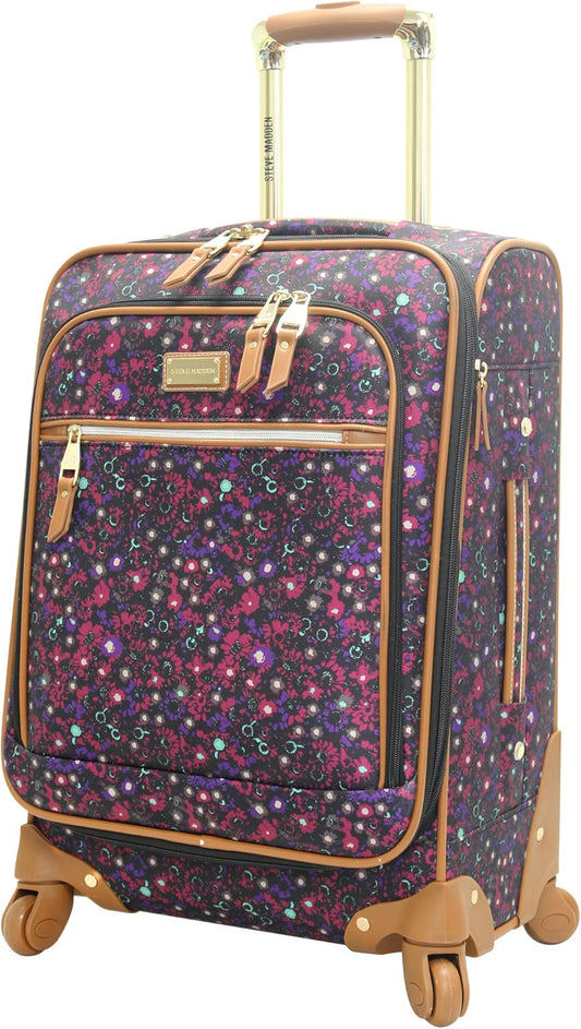 Steve Madden Designer Luggage Collection - Lightweight Softside Expandable Suitcase for Men & Women - Durable 20 Inch Carry On Bag with 4-Rolling Spinner Wheels (Dark Purple)