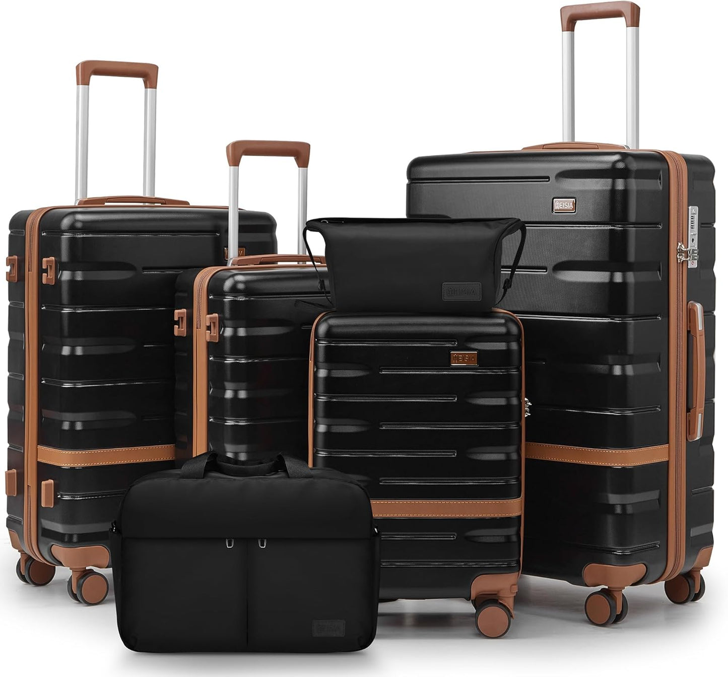 Luggage Sets Lightweight Hard Shell Suitcases with Spinner Wheels for Family Travel - Durable PC+ABS Material Carry On Luggage YKK Zippers (Black, 6 Piece Sets (18/20/24/28/DB/TB))