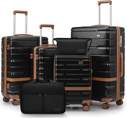 Luggage Sets Lightweight Hard Shell Suitcases with Spinner Wheels for Family Travel - Durable PC+ABS Material Carry On Luggage YKK Zippers (Black, 6 Piece Sets (18/20/24/28/DB/TB))