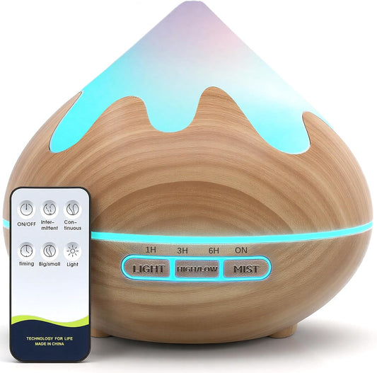 Essential Oil Diffuser for Home 500ML, Ultrasonic Large Diffuser Oil Machine with Remote Control, Aromatherapy Diffusers for Home Office Room, Aroma Diffuser with 14 Color LED & 2 Mist Mode, Brown