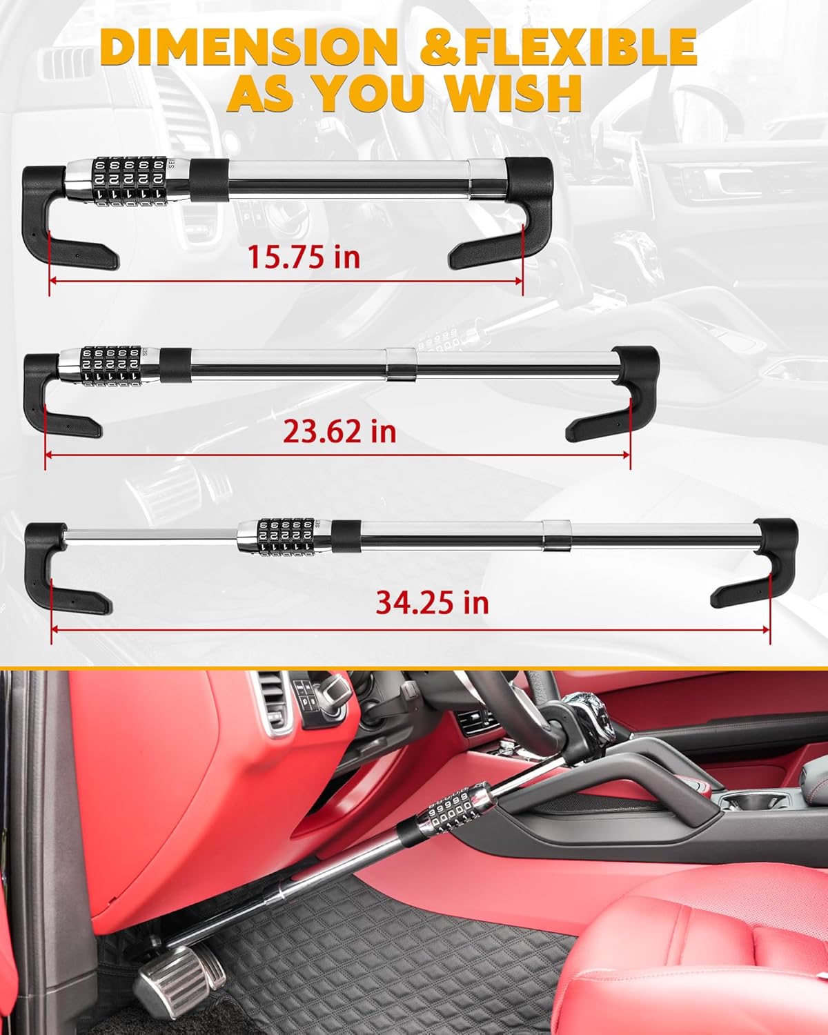 Tevlaphee Steering Wheel Lock Anti Theft Device Retractable Brake Pedal Lock Keyless Password 5 Coded Combination Anti Theft Car Security Device Heavy Duty Universal Fit for Vehicle Car Truck Van SUV