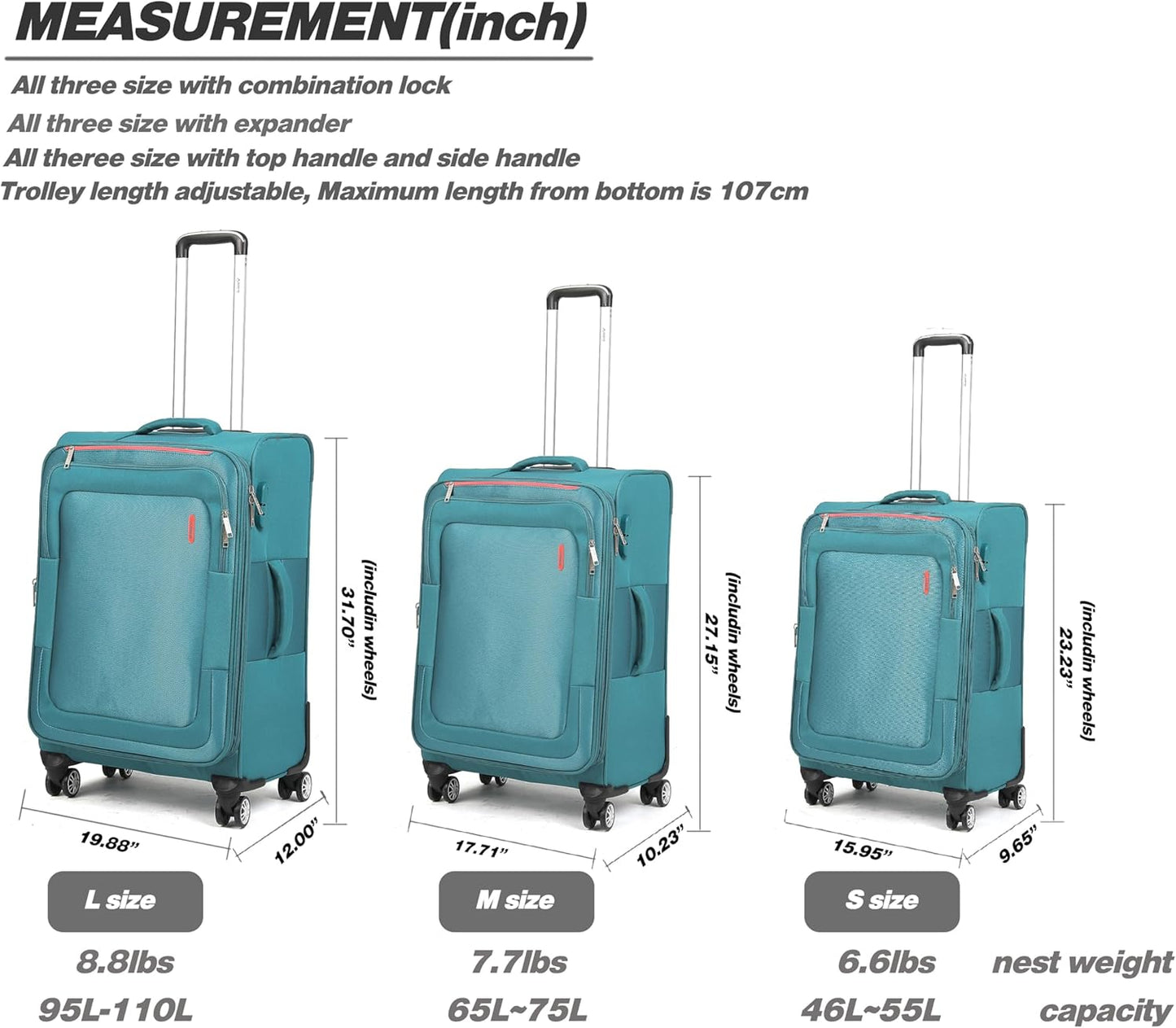 Luggage Sets 3Piece Softside Extra Large Size Expandable Lightweight Durable Suitcase Sets Double Spinner Wheels Combination Lock Blue Luggage For Overseas Journey(22in/26in/30in)(Teal)