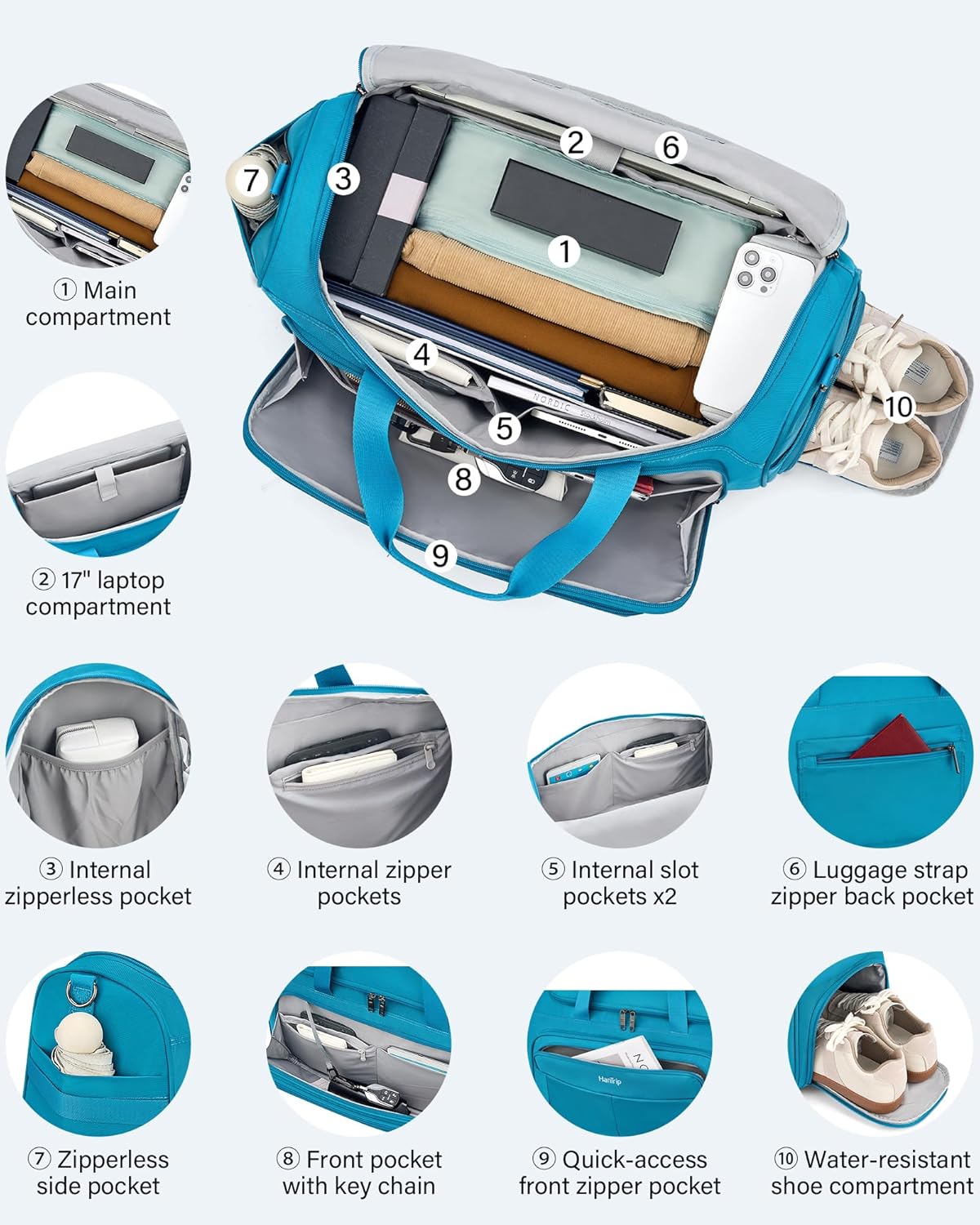 Carry on Duffel Bag Foldable Duffle Bags for Travel, Large Personal Item Bags for Airplanes, Weekender Overnight Mens Travel Tote Bag for Women Softside Carry on Luggage (Caribbean Blue)