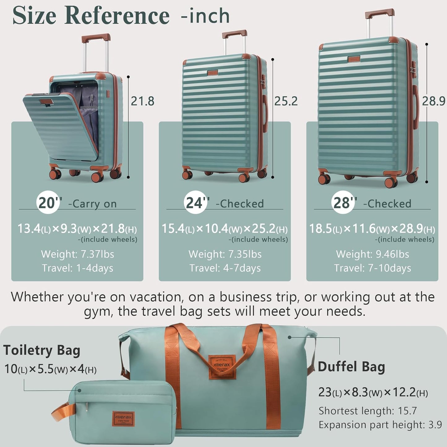 Merax Luggage Sets 3 Piece Front Opening, Hardside Lightweight Carry on Suitcase with Cup Holder USB Port,Durable Expandable Luggage with Bags Spinner Wheels and TSA Lock,Blue Green