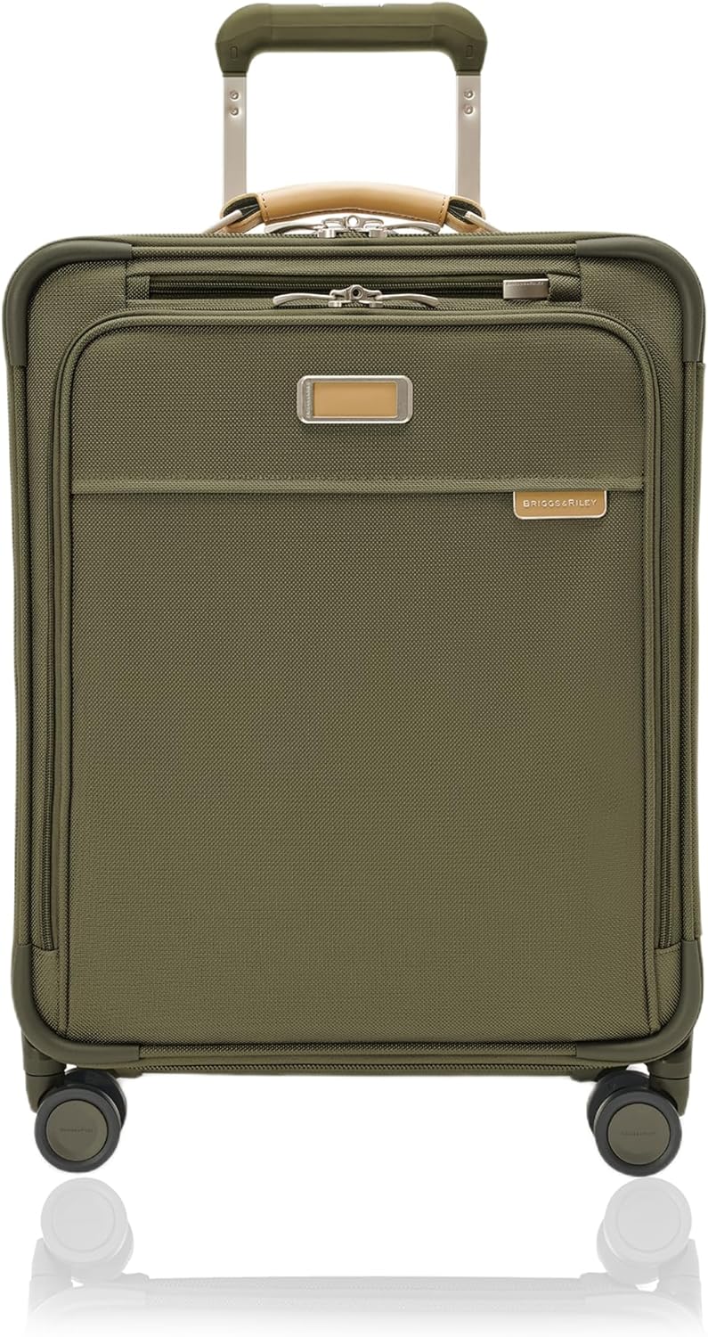 Briggs & Riley 21" Global Carry On Expandable Spinner - Luggage for International Travel, Suitcases with Wheels, Softside Rolling Bag for Men & Women, Self-Repairing Zipper- Baseline Collection, Olive