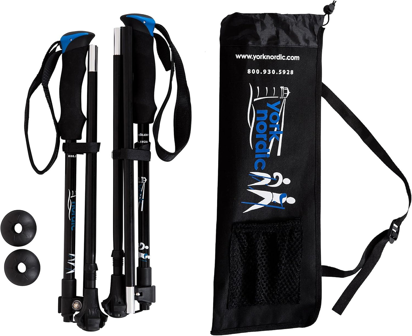 York Nordic Ultralight Folding Walking Poles - Travel Ready - with Rubber Feet, Baskets, and Bag
