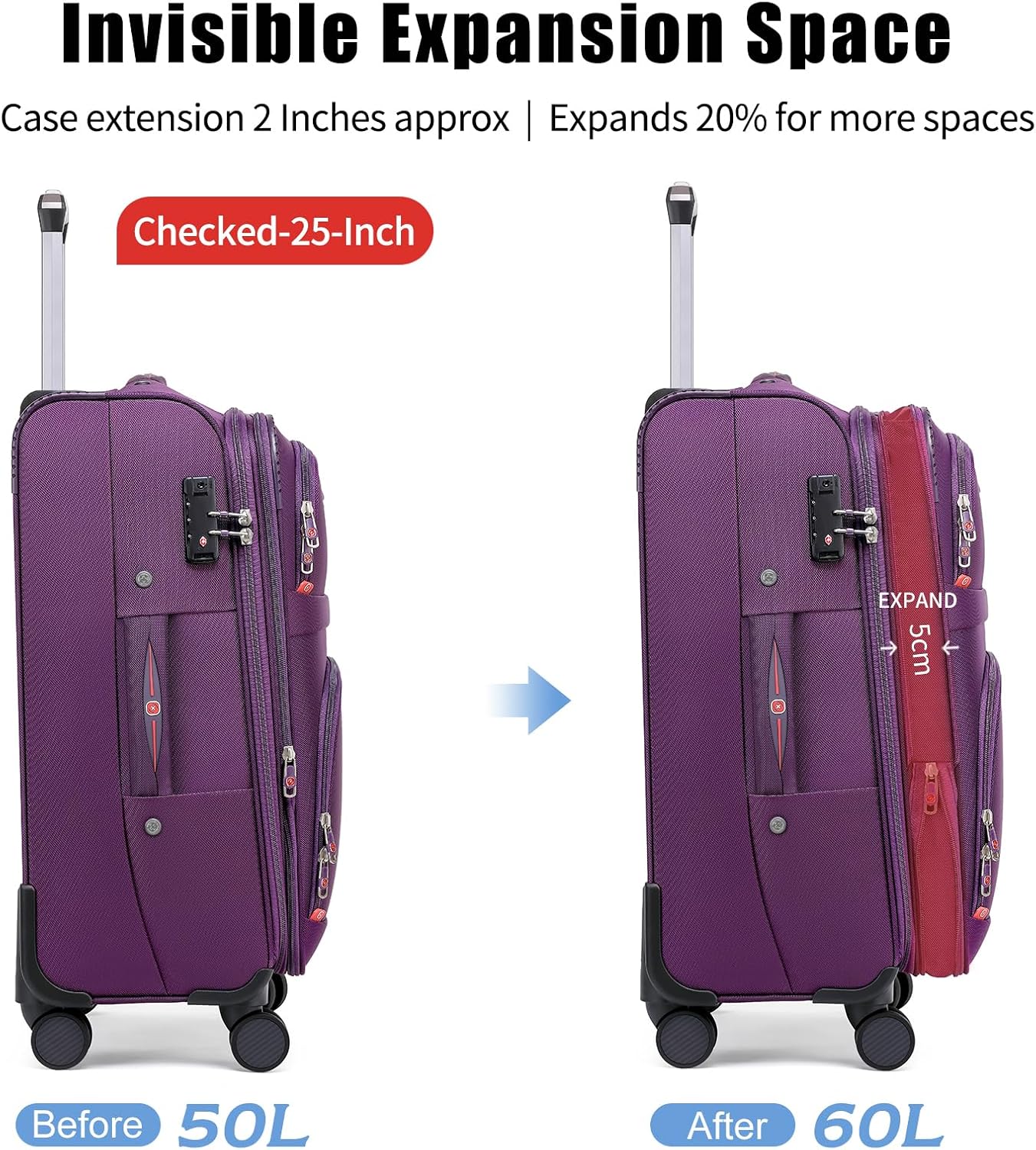Softside Expandable Luggage with 4 Spinner Wheels, Durable Carry-On Luggage Suicase (Purple, 2-Piece Set 21/25)