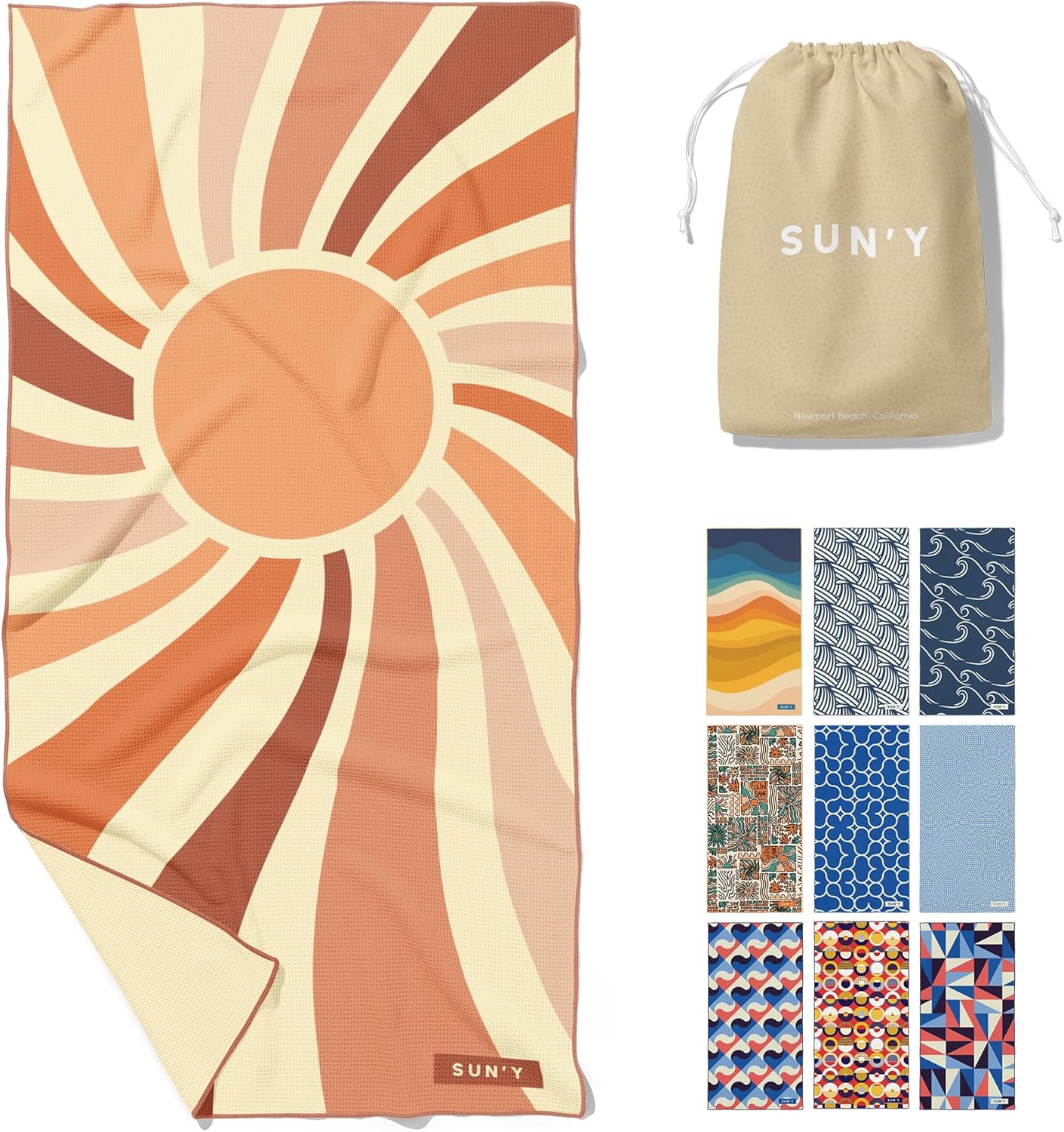 SUN'Y Waffle Microfiber Beach Towel – Sand Free, Quick Dry, Ultra Absorbent, Lightweight & Compact Travel Towel with Carry Bag - Large (63” x 31.5”), Rays