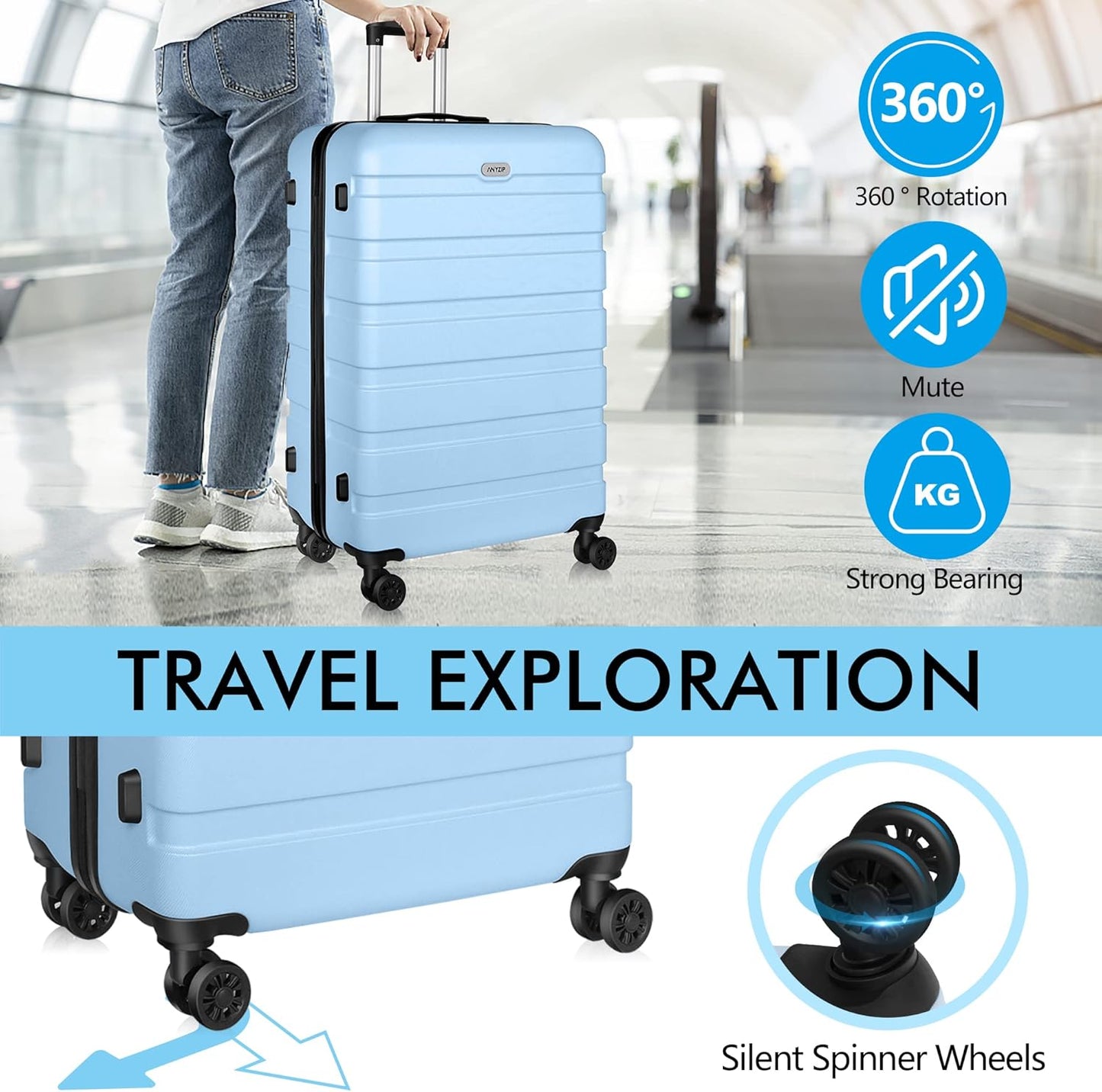 AnyZip Luggage PC ABS Hardside Lightweight Suitcase with 4 Universal Wheels TSA Lock Checked-Large 28 Inch Light Blue
