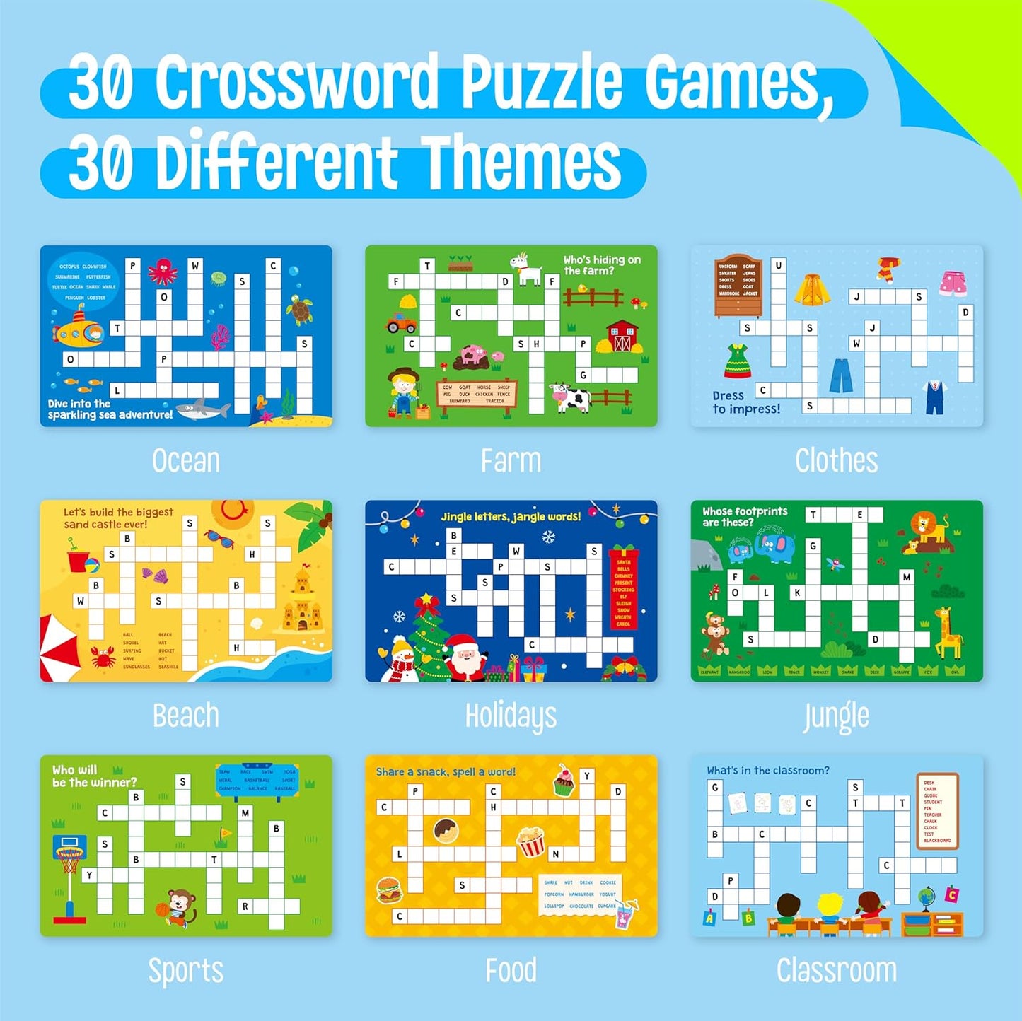 SpriteGru Crossword Puzzle Game Pad, 30 Reusable & Erasable Word Games, Dry Erase Brain-Boosting Puzzle Activities Book for Kids, Educational Toy for Road Trip, Airplane & Car Travel