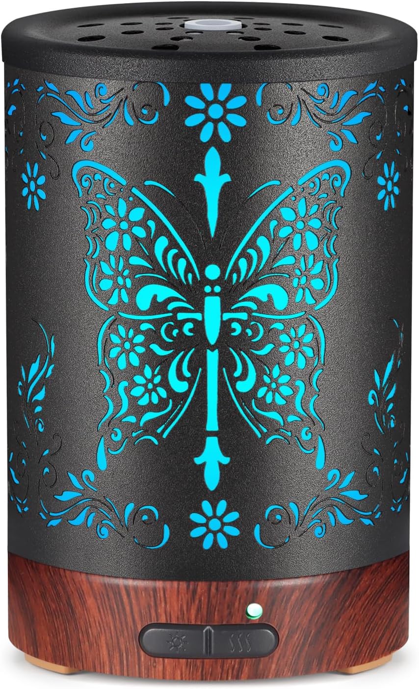 Metal Essential Oils Diffuser 150ML for Women Mom Grandma Wife, Aromatherapy Diffuser Cool Mist Humidifier with 7 Colors Lights Waterless Auto Off Air Diffusers(Butterfly)