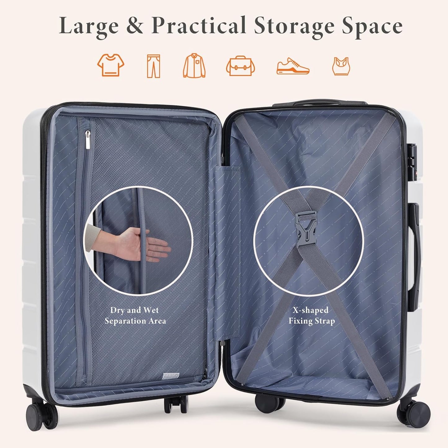 Sweetcrispy Carry on Luggage, Hard Shell ABS Suitcase with Double Spinner Wheels, Lightweight Expandable Rolling Suit Case with TSA Lock, 24 Inch Cream White