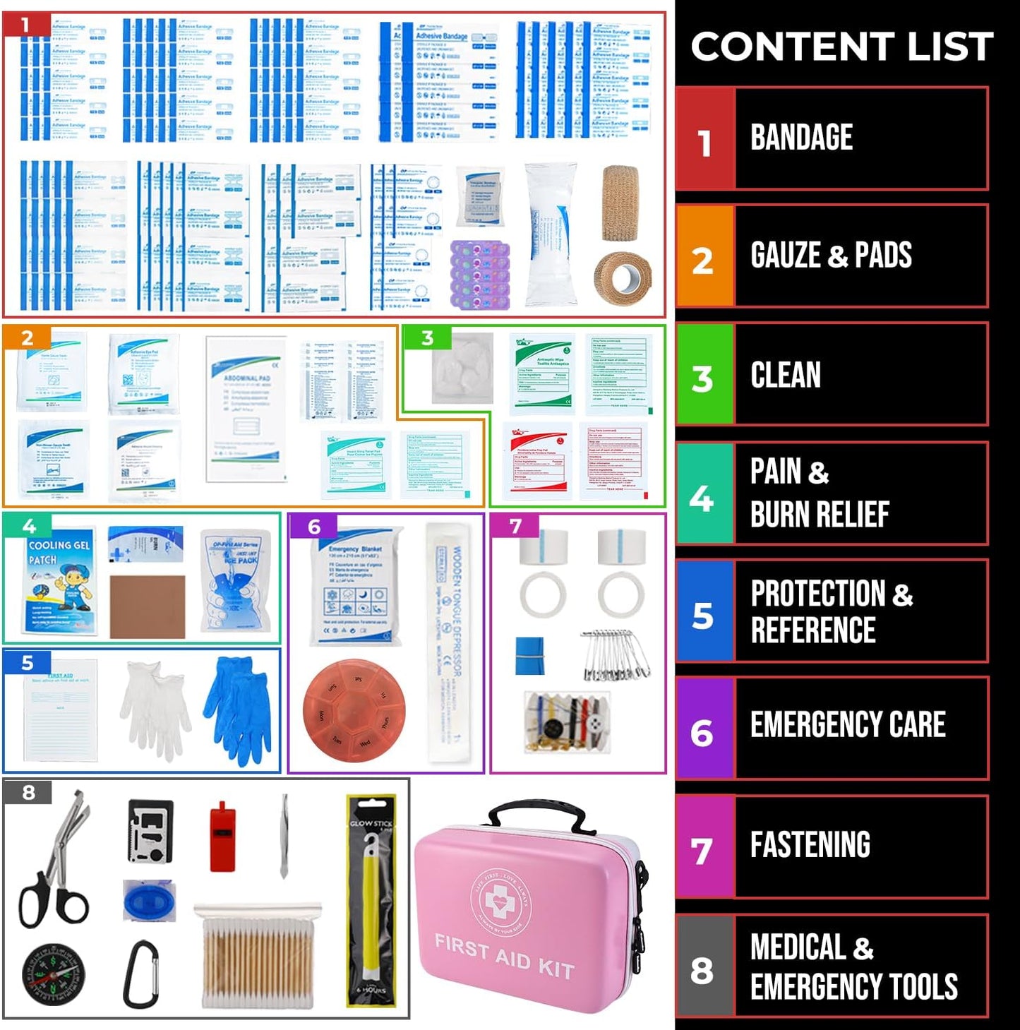 Large First Aid Kit - 410 Piece Dual-Color Emergency Kit with Hard Shell,Professional Survival Kit for Home, Car, Travel, Hiking & Outdoor(Pink/White)