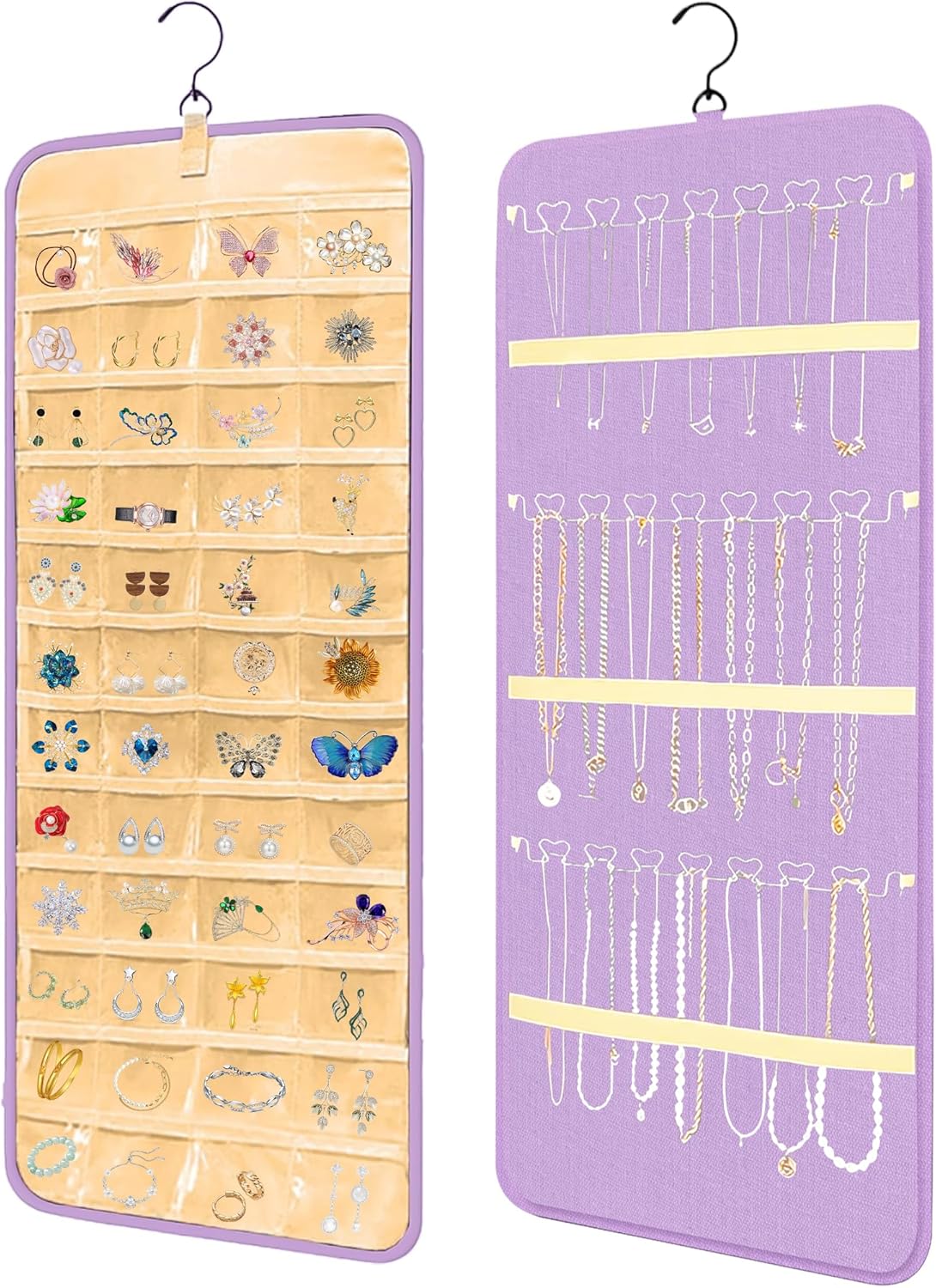 Bloss Hanging Jewelry Organizer with 48 Pockets, Mothers Day Gifts Double-Size Hanging Jewelry Holder with Hanger Hooks, Jewelry Organizers and Storage for Earrings, Necklaces and Rings, Purple