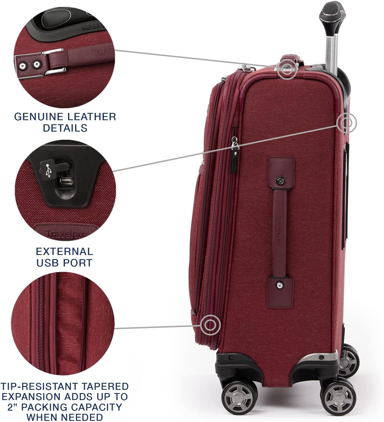 Travelpro Platinum Elite Softside Expandable Carry on Luggage, 8 Wheel Spinner Suitcase, USB Port, Suiter, Men and Women, Bordeaux Red, Carry On 21-Inch