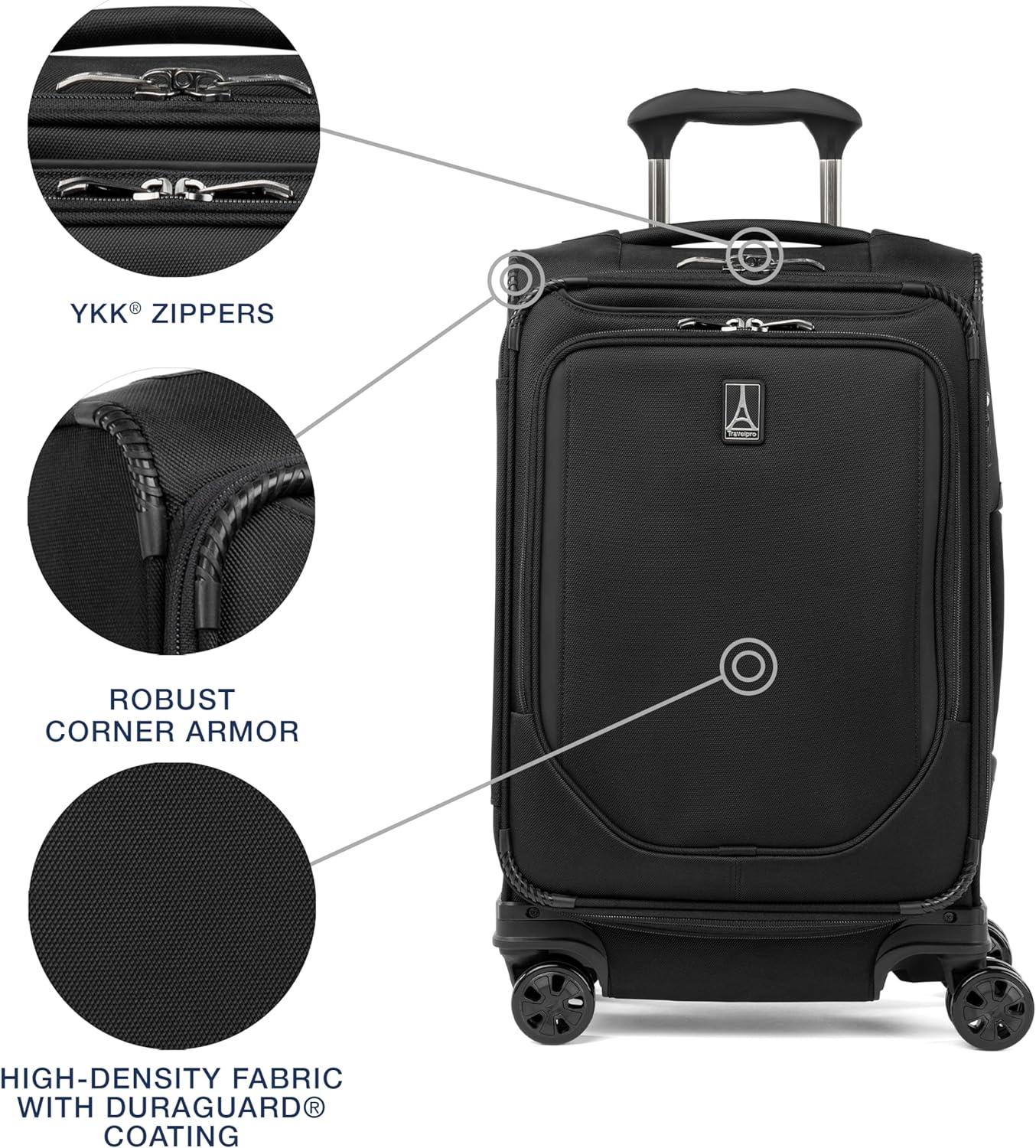 Travelpro Crew Classic Lightweight Softside Expandable Carry on Luggage, 8 Wheel Spinner Suitcase, Men and Women, Compact Carry On 20-Inch, Black