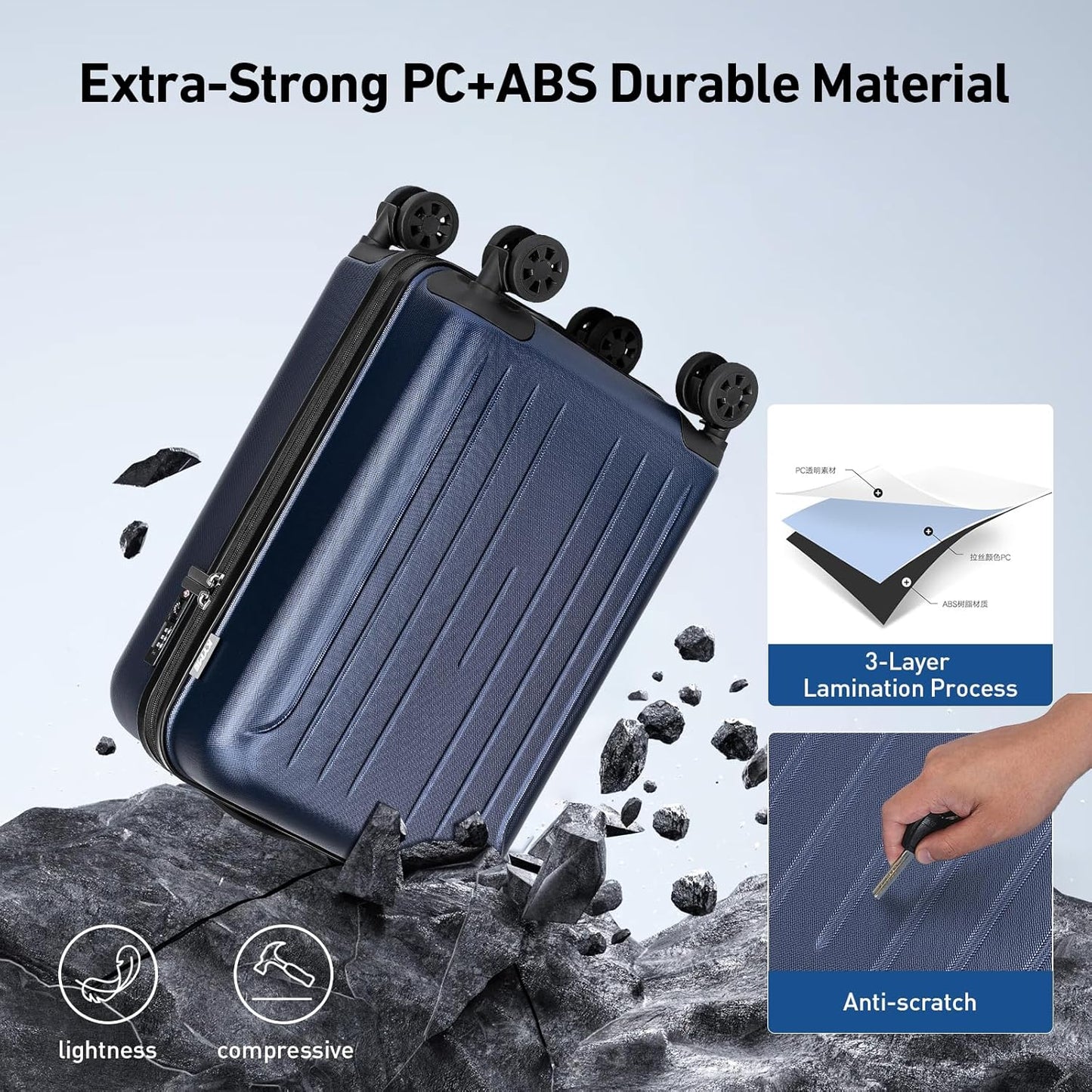 KYME Carry on luggage 22x14x9 Airline Approved Suitcase Hardshell With Double Spinner Wheels, PC+ABS TSA Lock Travel Luggage (Navy Blue, 20" Carry On)