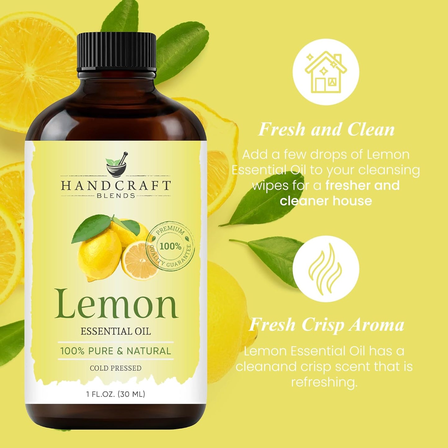 Handcraft Blends Lemon Essential Oil – 1 Fl Oz – 100% Pure and Natural – Premium Grade Essential Oil for Diffuser and Aromatherapy, Skin, Massage, Candle and Soap Making Fragrance